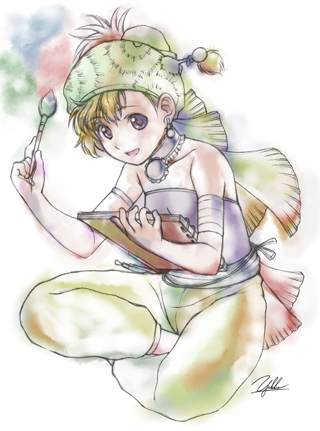 yukihiro, relm arrowny, final fantasy, final fantasy vi, 1990s (style), 1girl, art brush, female focus, full body, gradient background, hat, paintbrush, retro artstyle, signature, sitting, sketch, smile, solo