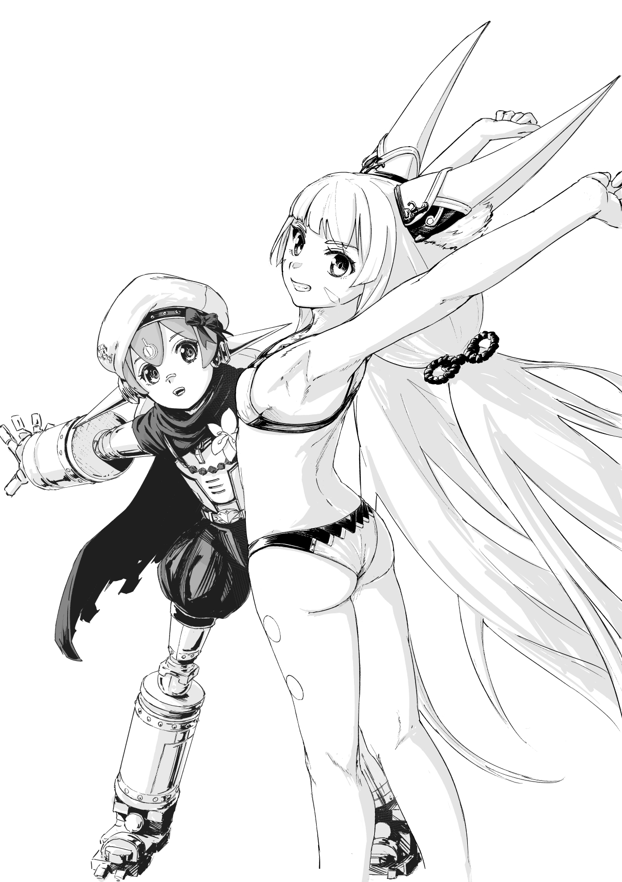chin bell, nia (blade) (xenoblade), nia (xenoblade), poppi (xenoblade), xenoblade chronicles (series), xenoblade chronicles 2, commentary request, highres, 2girls, android, animal ears, armpits, ass, cape, cat ears, cat girl, greyscale, hat, joints, long hair, looking at viewer, median furrow, monochrome, multiple girls, robot joints, simple background, smile, standing, stretching, teeth, torn cape, torn clothes, very long hair, white background
