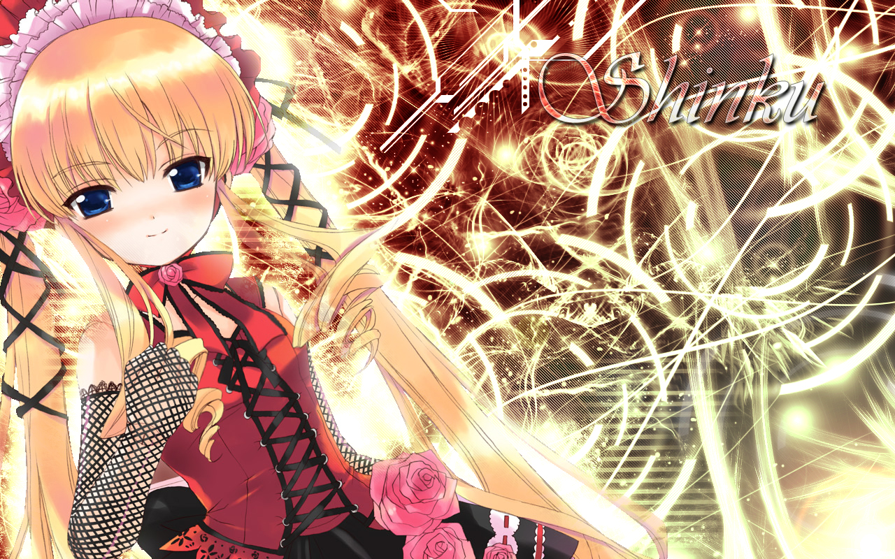 shinku, rozen maiden, 00s, 1girl, 5th doll, blonde hair, blue eyes, blunt bangs, blush, bonnet, doll, dress, female focus, long sleeves, looking at viewer, magic, red dress, sidelocks, solo, twintails
