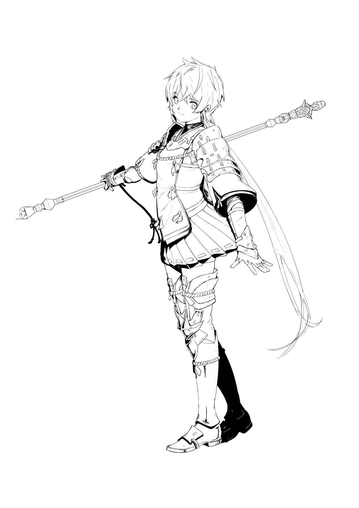 chin bell, lora (xenoblade), xenoblade chronicles (series), xenoblade chronicles 2, xenoblade chronicles 2: torna – the golden country, commentary request, highres, 1girl, closed mouth, full body, greyscale, holding, holding staff, looking at viewer, monochrome, pleated skirt, short hair, simple background, skirt, smile, solo, staff, white background