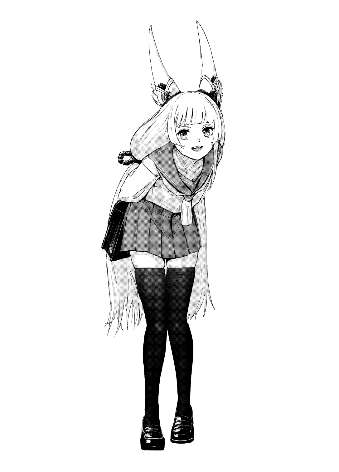 chin bell, nia (blade) (xenoblade), nia (xenoblade), xenoblade chronicles (series), xenoblade chronicles 2, commentary request, highres, 1girl, animal ear fluff, animal ears, bag, cat ears, cat girl, full body, greyscale, holding, holding bag, leaning forward, long hair, looking at viewer, monochrome, open mouth, pleated skirt, sailor collar, sailor shirt, school uniform, shirt, simple background, skindentation, skirt, smile, solo, thighhighs, very long hair, white background