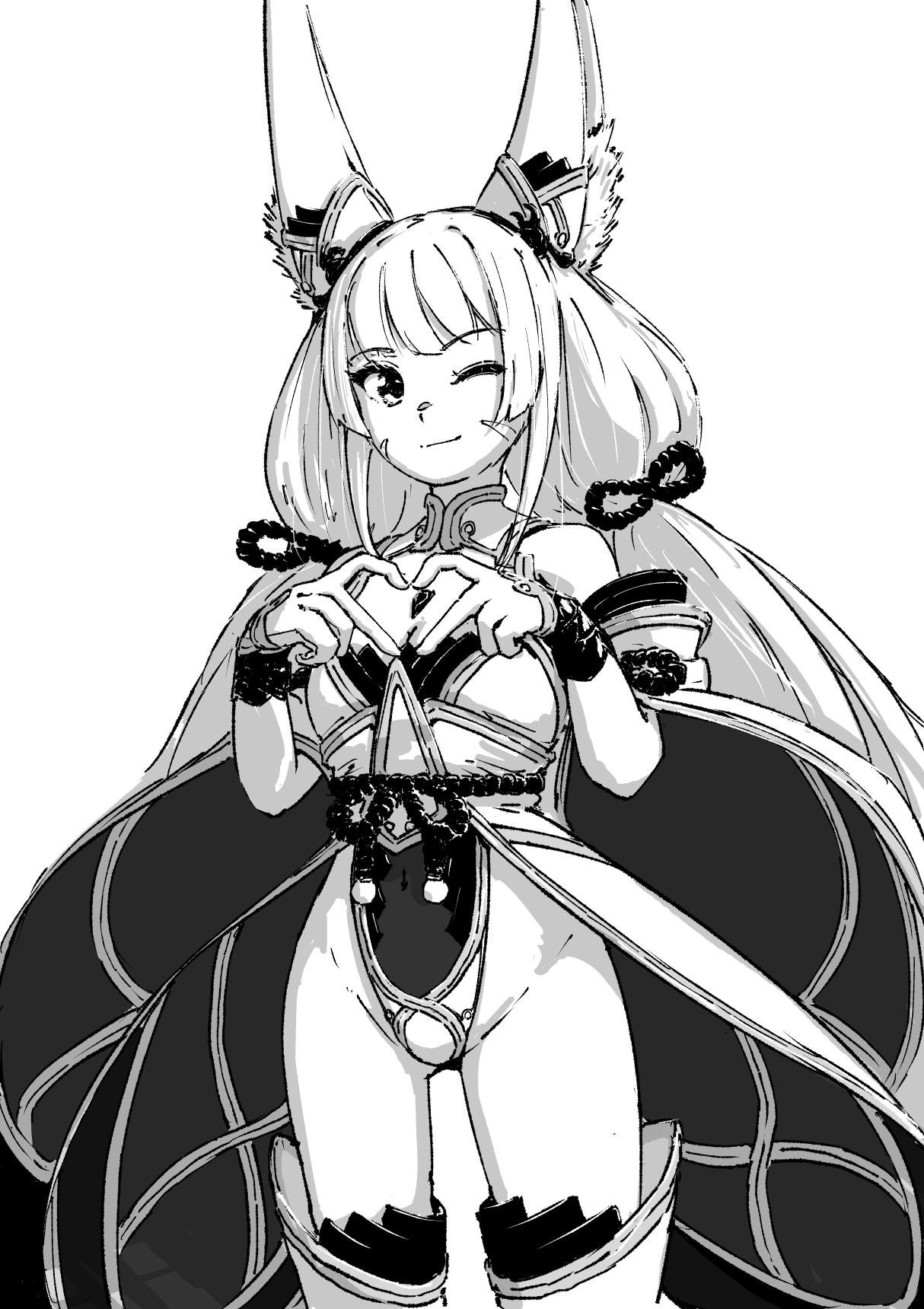 chin bell, nia (blade) (xenoblade), nia (xenoblade), xenoblade chronicles (series), xenoblade chronicles 2, commentary request, highres, 1girl, animal ear fluff, animal ears, cat ears, cat girl, closed mouth, greyscale, groin, heart, heart hands, long hair, monochrome, one eye closed, simple background, smile, solo, very long hair, white background