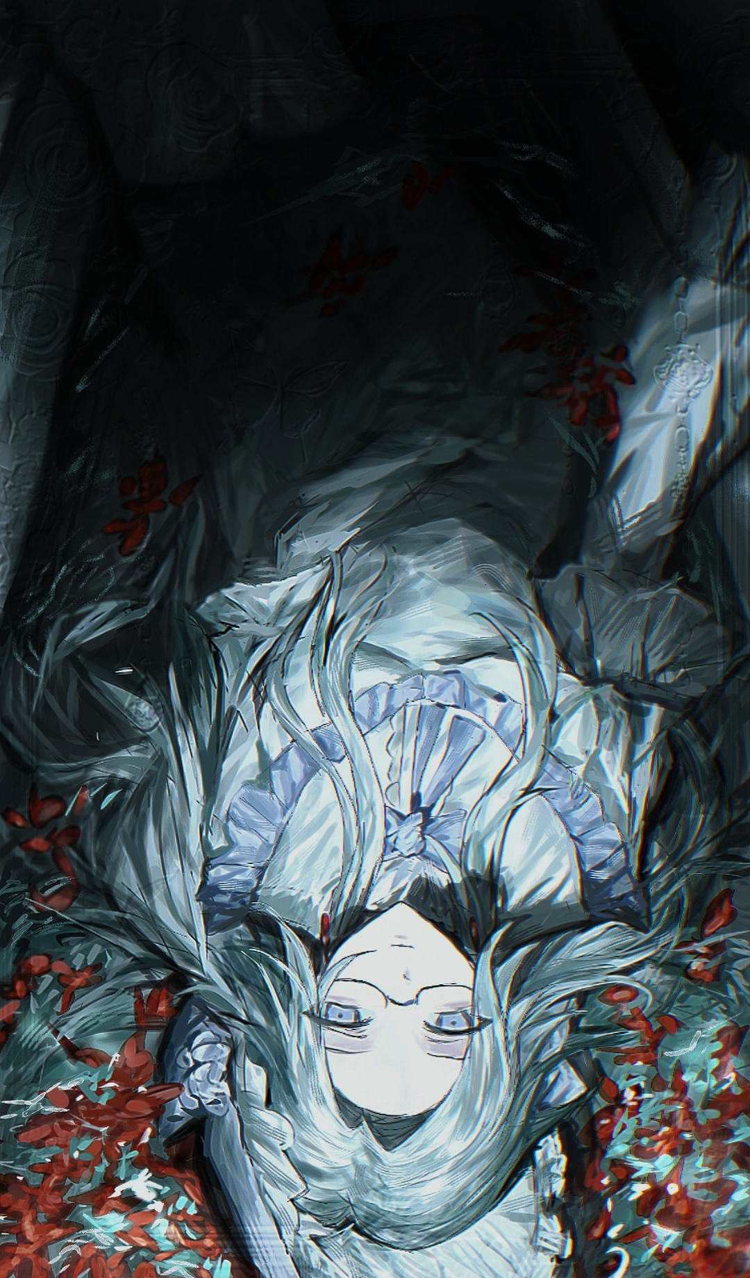 aotsuki eito, the hundred line -last defense academy-, chinese commentary, commentary request, highres, variant set, 1girl, dress, flower, genderswap, genderswap (mtf), glasses, grey eyes, grey hair, headdress, long hair, looking at viewer, lying, on back, red flower, solo, upside-down, white dress, white headdress, xiaoxiongruantangz