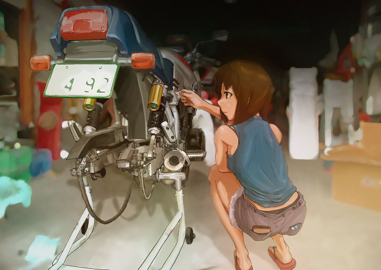 saka kishirou, original, vehicle, bad id, bad pixiv id, third-party edit, brown hair, motor vehicle, motorcycle, photo background, sandals, shirt, short hair, shorts, sleeveless, sleeveless shirt, solo, squatting