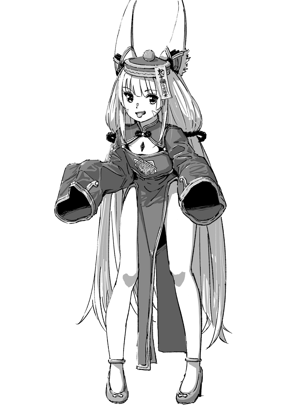 chin bell, nia (blade) (xenoblade), nia (xenoblade), xenoblade chronicles (series), xenoblade chronicles 2, commentary request, highres, 1girl, alternate costume, animal ear fluff, animal ears, cat ears, cat girl, full body, greyscale, jiangshi, leaning forward, looking at viewer, monochrome, ofuda, pelvic curtain, simple background, sleeves past fingers, sleeves past wrists, smile, solo, standing, tongue, tongue out, white background