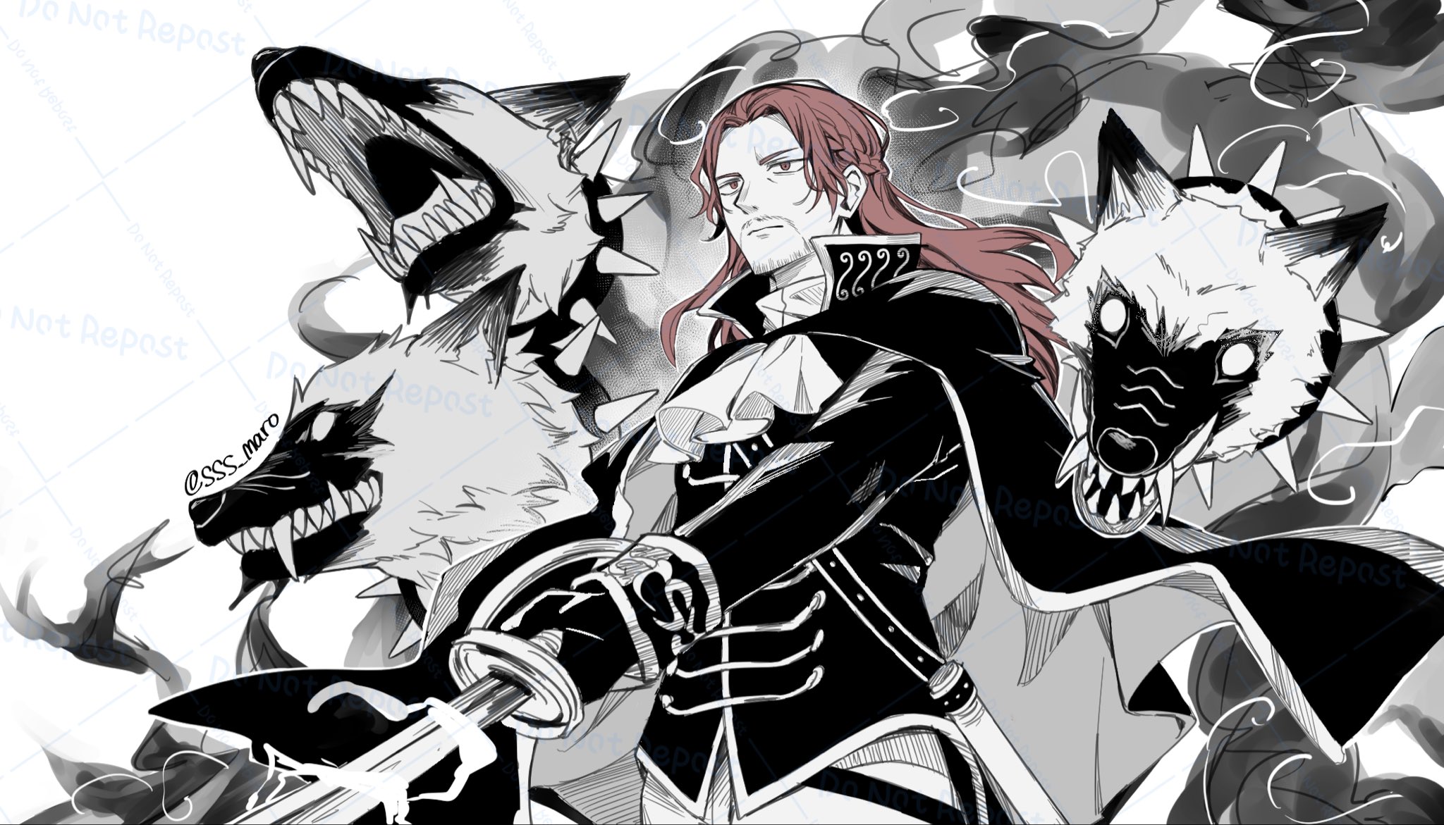 sss maro, cerberus, figarland shamrock, one piece, highres, 1boy, ascot, beard stubble, black cape, black gloves, cape, collar, empty eyes, facial hair, gloves, high collar, holding, holding sword, holding weapon, living weapon, long hair, male focus, military uniform, mustache stubble, pants, red hair, scabbard, serious, sharp teeth, sheath, spiked collar, spikes, stubble, sword, teeth, twitter username, upper body, weapon, white ascot, white pants, yellow eyes
