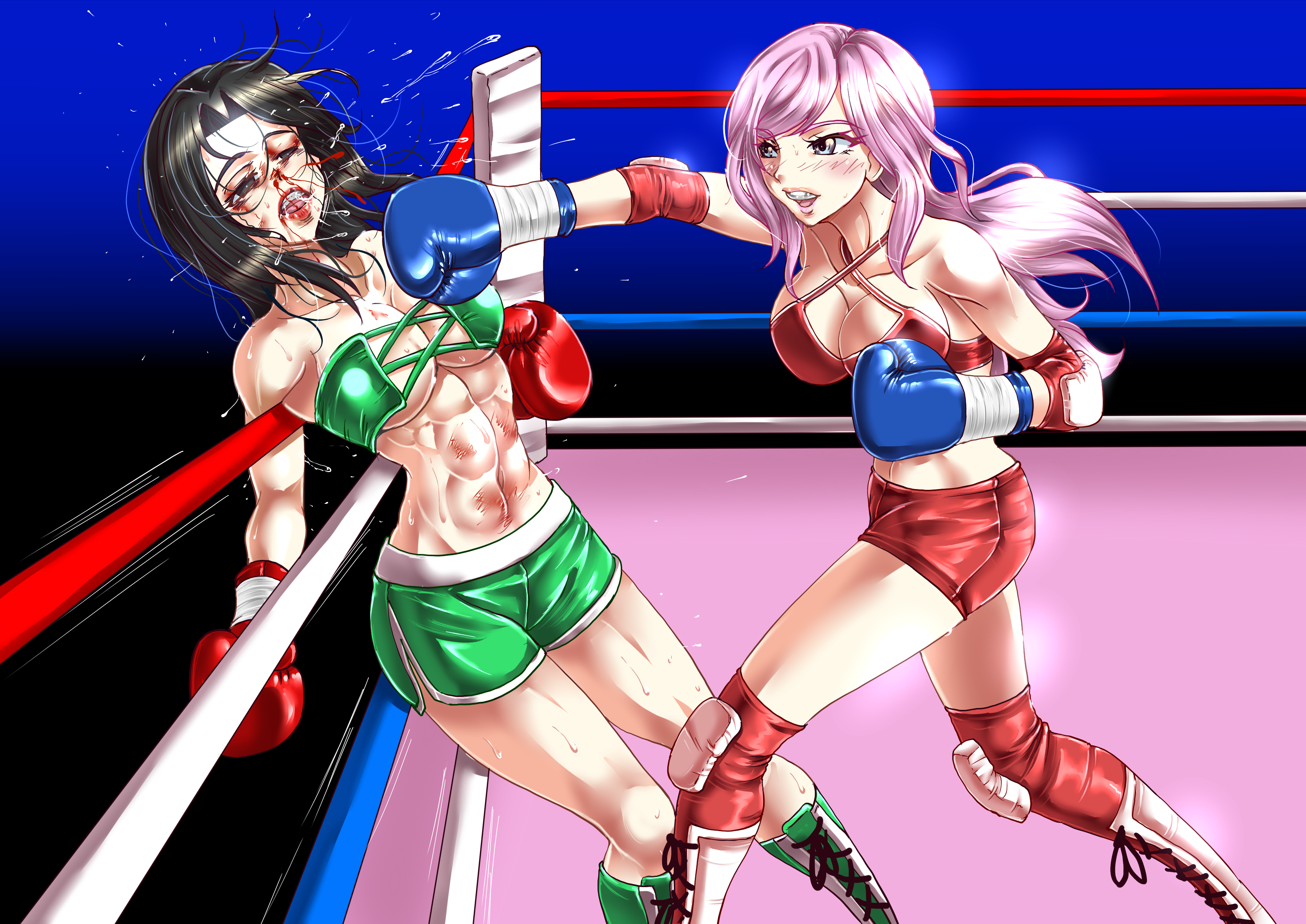 santos, commission, pixiv commission, tagme, 2girls, abs, boxing, catfight, face punch, humiliation, in the face, k.o., multiple girls, punching, saliva