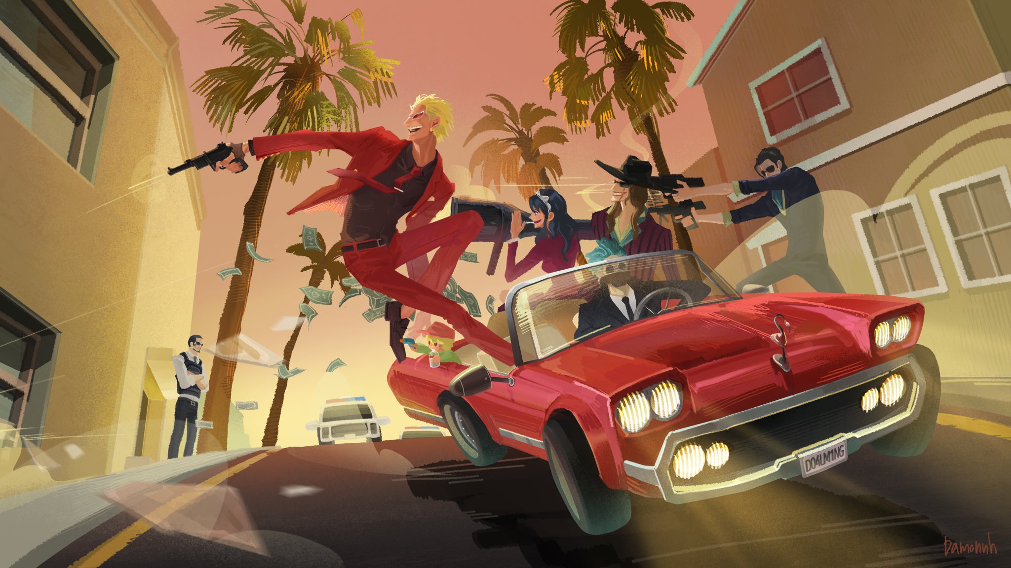 damon (damonn h), baby 5, dellinger (one piece), diamante (one piece), donquixote doflamingo, gladius (one piece), senor pink, vergo (one piece), one piece, highres, 1girl, 6+boys, banknote, black hair, black hat, black necktie, black shirt, black vest, blonde hair, blue hair, brown hair, building, car, chasing, cigarette, dollar bill, dress, earrings, facial hair, firing, goatee, green shirt, gun, hat, holding, holding gun, holding weapon, huge weapon, jacket, jewelry, long hair, maid headdress, mask, money, motor vehicle, mouth mask, multiple boys, necktie, open mouth, outdoors, palm tree, police car, purple dress, red eyes, red jacket, red necktie, road, shirt, short hair, smile, street, striped clothes, striped jacket, sunglasses, teeth, tree, upper teeth only, vertical-striped clothes, vertical-striped jacket, vest, weapon, white shirt