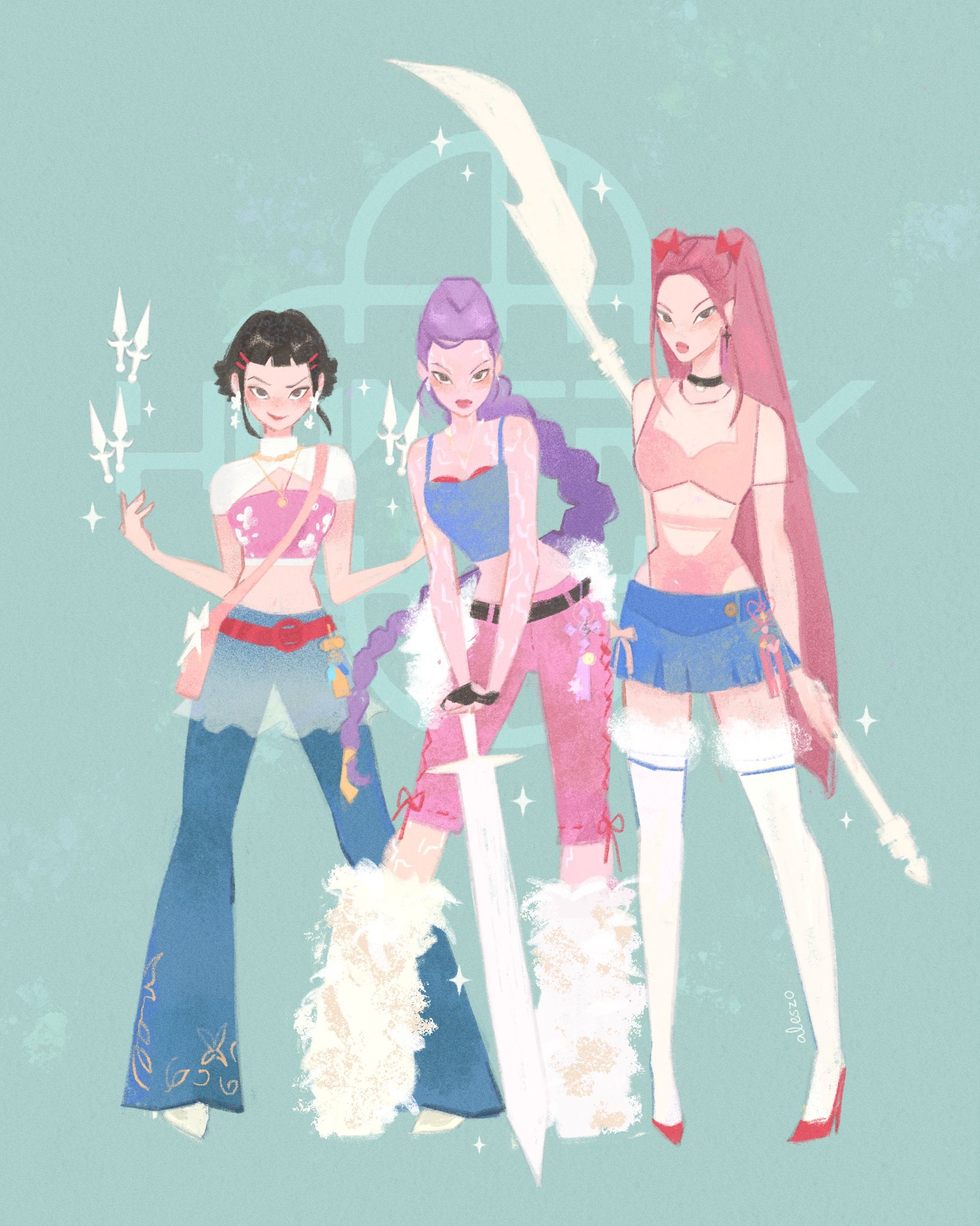 mira (kpop demon hunters), rumi (kpop demon hunters), zoey (kpop demon hunters), kpop demon hunters, commentary, english commentary, highres, 3girls, aqua background, artofaleszo, bag, black hair, blue skirt, blush, braid, braided ponytail, camisole, choker, denim, double bun, earrings, fingerless gloves, full body, gloves, hair bun, holding, holding polearm, holding weapon, jeans, jewelry, long hair, looking at viewer, multiple girls, pants, pink hair, planted, planted sword, planted weapon, polearm, purple hair, sash, satchel, see-through clothes, see-through skirt, sidelocks, simple background, skirt, smile, sparkle, sword, twintails, weapon