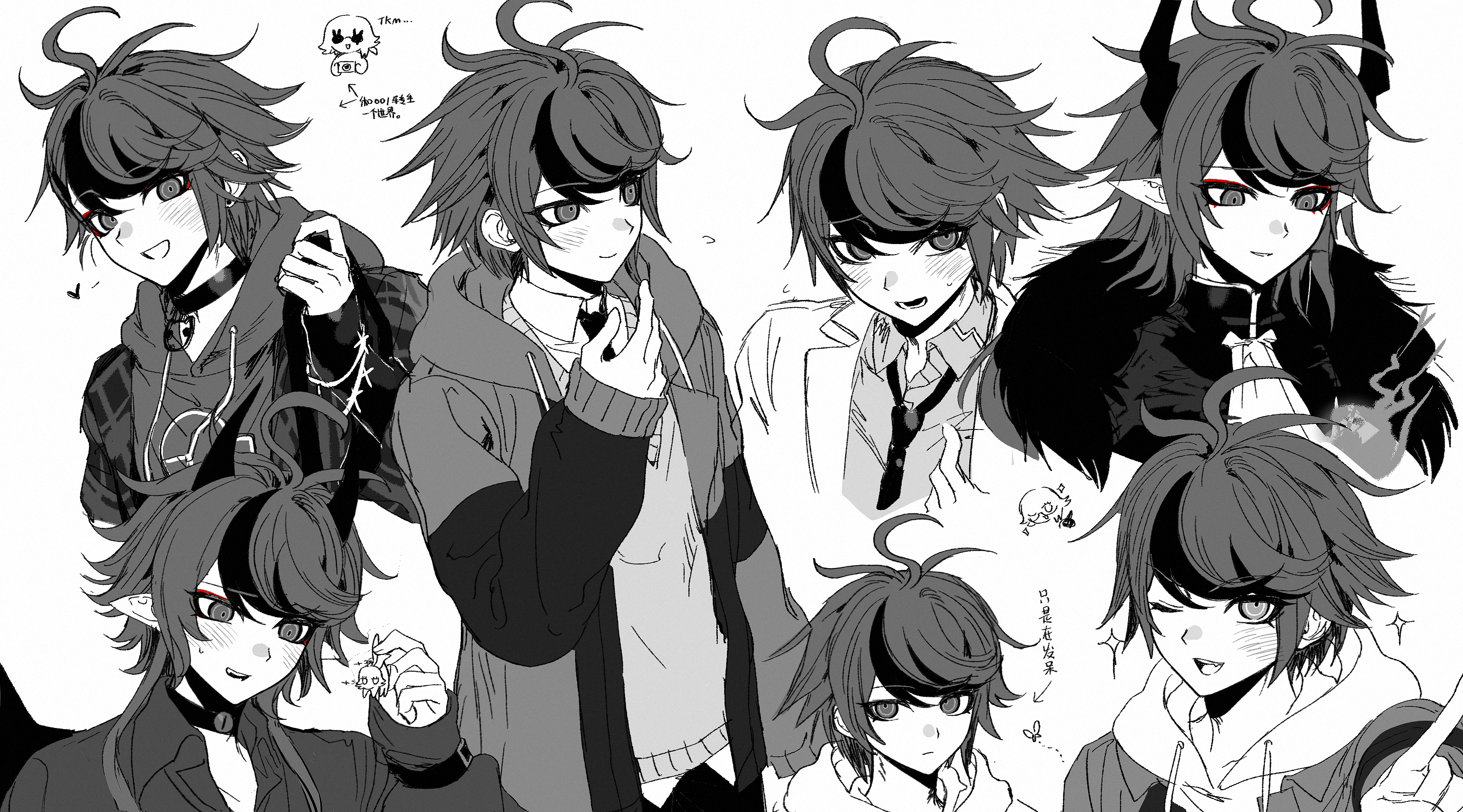 aotsuki eito, sumino takumi, the hundred line -last defense academy-, absurdres, chinese commentary, commentary request, highres, translation request, 2boys, alternate costume, antenna hair, arrow (symbol), blush, chinese text, choker, closed mouth, collared shirt, drawstring, expressionless, eyeliner, fur trim, greyscale, heart, hood, hood down, horns, jacket, jacket over hoodie, lapels, long hair, long sleeves, makeup, male focus, monochrome, multicolored hair, multiple boys, necktie, notched lapels, official alternate costume, one eye closed, open clothes, open jacket, open mouth, pointy ears, red eyeliner, shirt, short hair, simple background, smile, sparkle, spot color, streaked hair, sweat, sweater vest, syuu 1125, two-tone hair, untucked shirt, white background