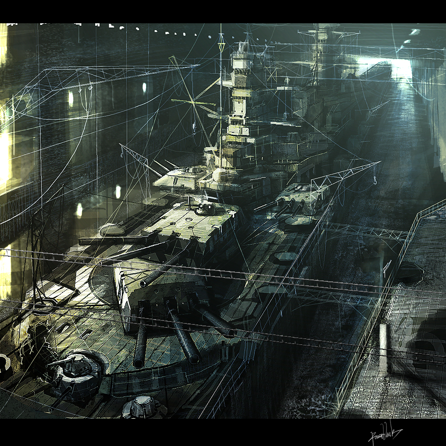power black, original, bad id, bad pixiv id, battleship, letterboxed, military, military vehicle, no humans, scenery, ship, warship, watercraft