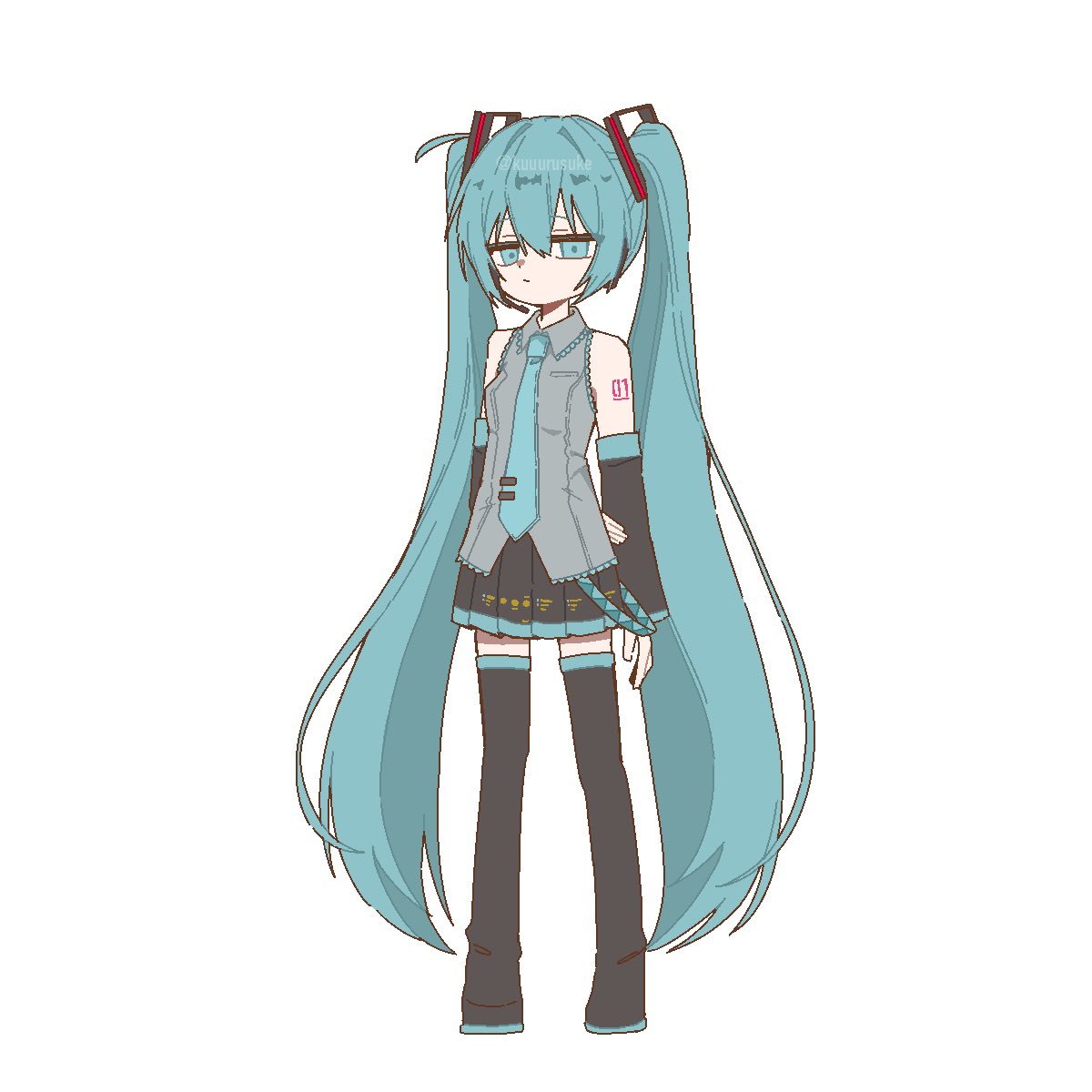 kurusuke (kurumi), hatsune miku, vocaloid, highres, 1girl, aqua eyes, aqua hair, aqua necktie, bare shoulders, black skirt, black sleeves, boots, collared shirt, detached sleeves, full body, grey shirt, headset, long hair, looking at viewer, miniskirt, necktie, pleated skirt, shirt, simple background, skirt, sleeveless, sleeveless shirt, solo, standing, thigh boots, thighhighs, twintails, very long hair, white background, zettai ryouiki
