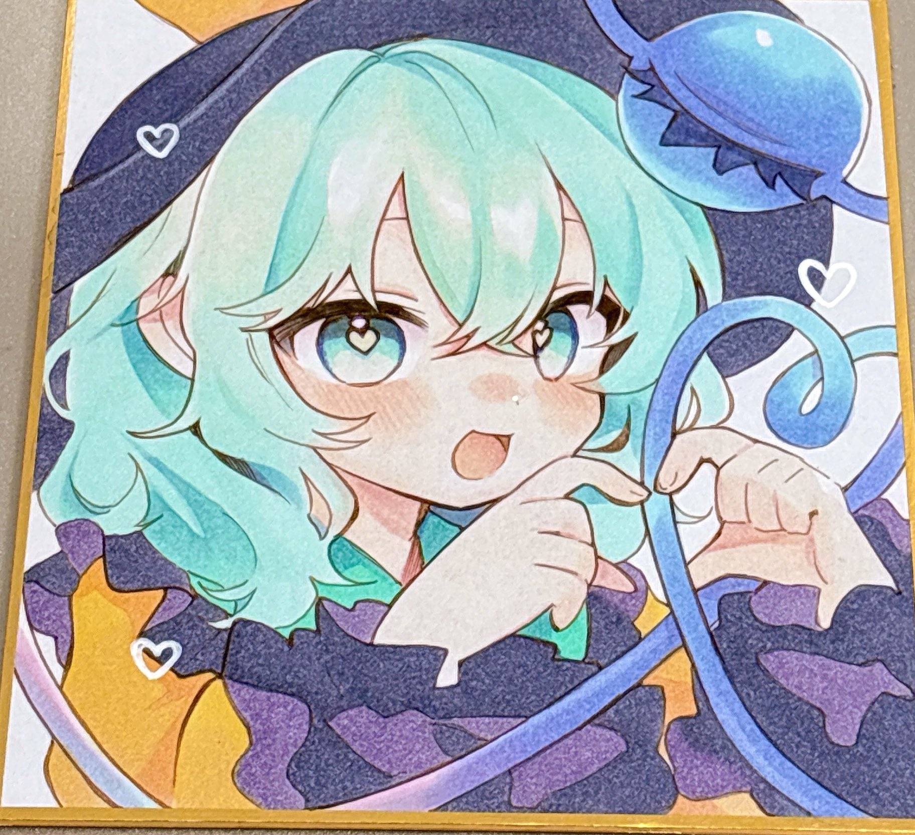 moni monico, komeiji koishi, touhou, commentary, highres, marker (medium), traditional media, 1girl, :d, black hat, double-parted bangs, green eyes, grey hair, hair between eyes, hat, heart, heart-shaped pupils, heart hands, heart of string, long sleeves, looking at viewer, medium hair, open mouth, shikishi, shirt, smile, solo, symbol-shaped pupils, third eye, upper body, yellow shirt