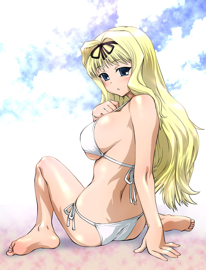 ueyama michirou, kusugawa sasara, to heart (series), to heart 2, 00s, 1girl, arm support, barefoot, bikini, blonde hair, breasts, feet, female focus, from behind, large breasts, long hair, looking back, side-tie bikini bottom, sitting, solo, swimsuit, wariza, white bikini