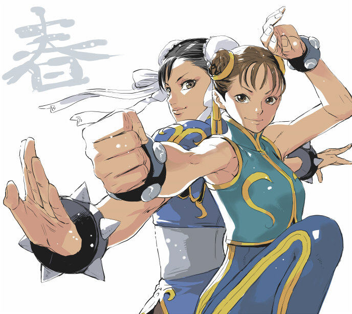 mahito (tranjistor), chun-li, capcom, street fighter, street fighter ii (series), street fighter zero (series), 1990s (style), 2girls, black hair, bracelet, breasts, brown eyes, brown hair, bun cover, china dress, chinese clothes, double bun, dress, dual persona, fighting stance, hair bun, jewelry, multiple girls, pantyhose, retro artstyle, sash, short hair, small breasts, spiked bracelet, spikes