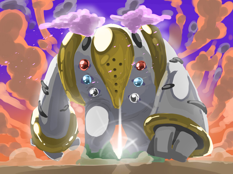 spacezin, regigigas, nintendo, pokemon, bad id, bad pixiv id, 00s, alternate color, cloud, gen 4 pokemon, legendary pokemon, no humans, pokemon (creature), pokemon focus, smoke, solo, walking