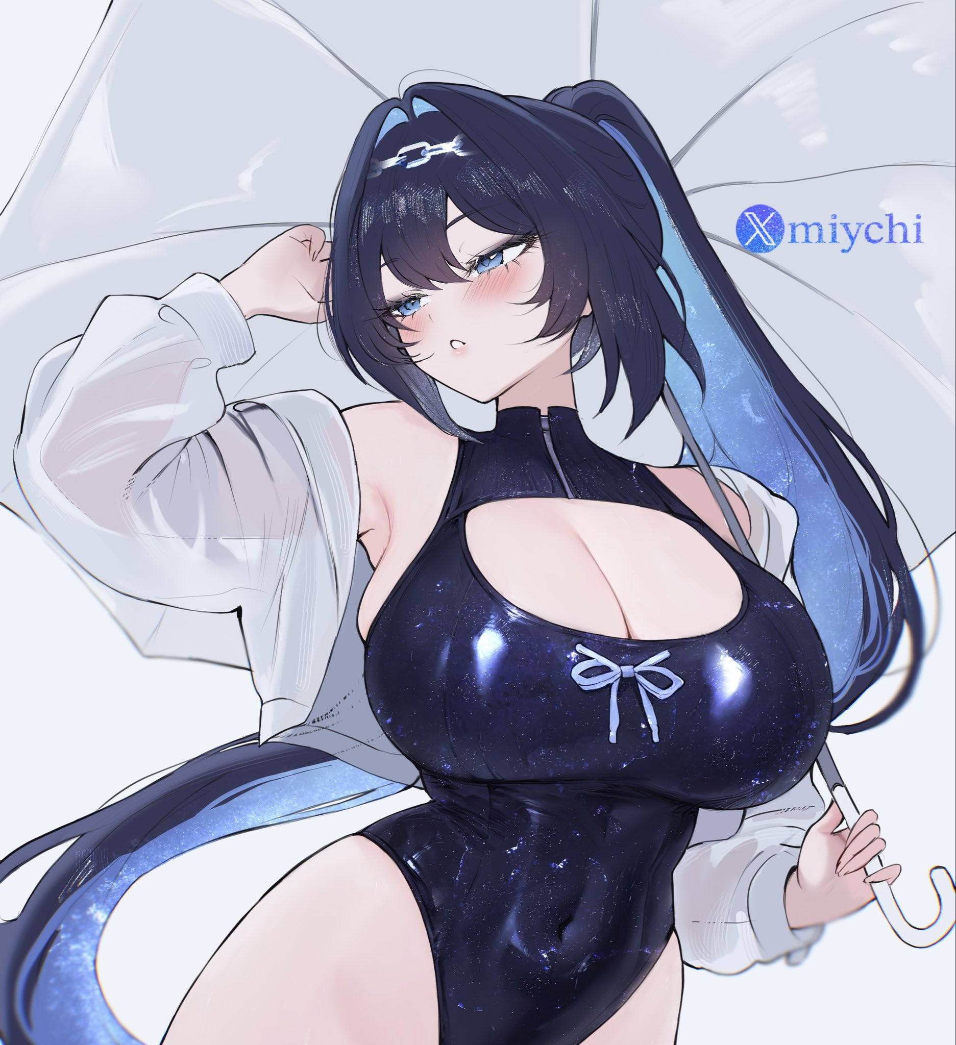 miychi, ouro kronii, hololive, hololive english, highres, 1girl, black hair, black one-piece swimsuit, blue hair, breasts, covered navel, holding, holding umbrella, jacket, large breasts, looking to the side, one-piece swimsuit, parted lips, ponytail, solo, swimsuit, umbrella, white background, white jacket, white umbrella