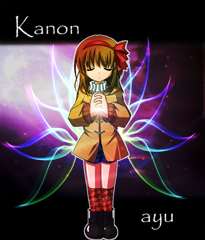 yanapy, tsukimiya ayu, kanon, bad id, bad pixiv id, lowres, boots, brown hair, closed eyes, hairband, mittens, own hands clasped, own hands together, short hair, solo, wings