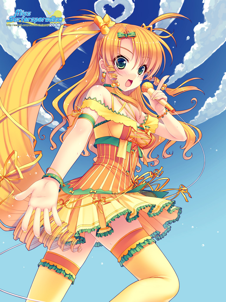 sayori (neko works), ootori rika, miss surfersparadise, original, striped, 00s, 1girl, 2008, bare shoulders, blonde hair, bow, bracelet, breasts, choker, cross-laced clothes, day, drill hair, earrings, female focus, food, food-themed earrings, frilled thighhighs, frills, fruit, green eyes, hair bobbles, hair bow, hair ornament, hair ribbon, heart, jewelry, long hair, looking at viewer, medium breasts, microphone, nail polish, orange hair, orange nails, orange thighhighs, pineapple, ribbon, side ponytail, sideboob, skirt, sky, solo, thighhighs, two side up, vertical stripes, watermark, web address