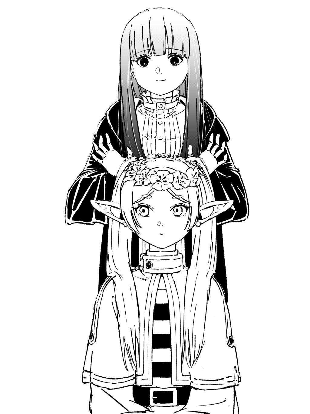 chin bell, fern (sousou no frieren), frieren, sousou no frieren, commentary request, highres, 2girls, arms up, belt, blunt bangs, capelet, closed mouth, elf, flower wreath, greyscale, head wreath, long hair, monochrome, multiple girls, parted bangs, pointy ears, short eyebrows, simple background, sitting, smile, standing, thick eyebrows, white background