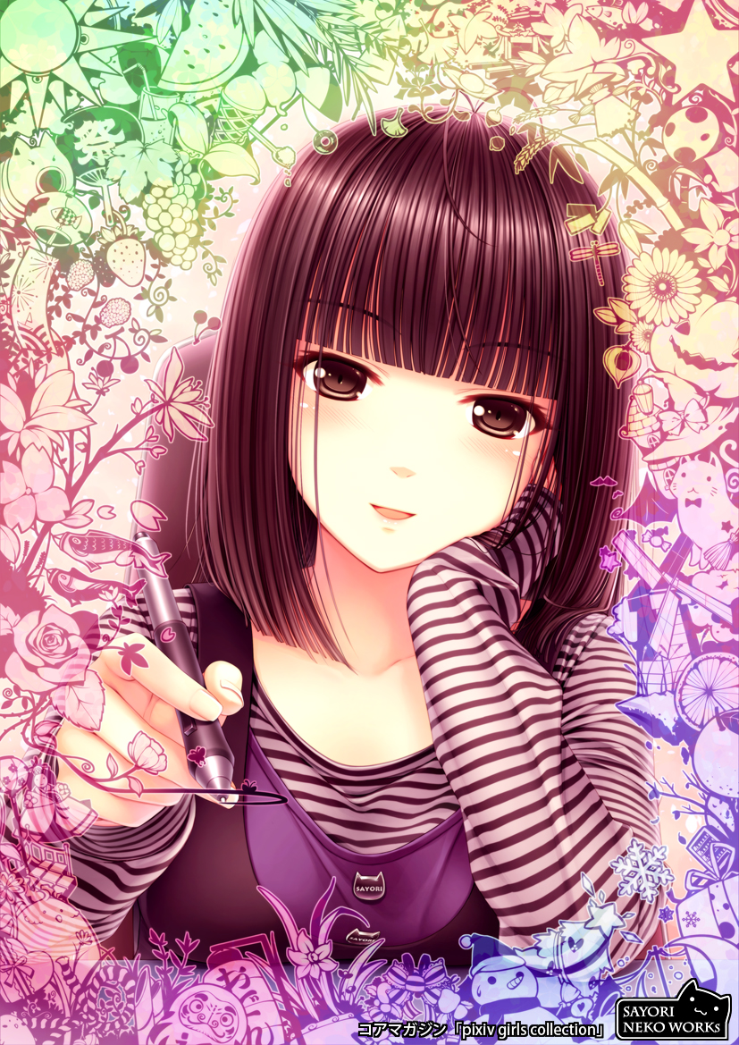 sayori (neko works), sayori (sayori (neko works)), original, drawing, striped, bad id, bad pixiv id, 1girl, animal ears, antenna hair, bamboo, bat (animal), bat wings, black hair, blunt bangs, bow, box, breasts, brown eyes, bug, butterfly, candy, cat, cat ears, chair, cherry blossoms, christmas, christmas tree, collarbone, cup, daruma doll, drinking glass, drinking straw, female focus, fish, flower, food, fruit, gift, gift box, ginkgo leaf, grapes, halloween, hand fan, hand on own cheek, hand on own face, hat, hat bow, heart-shaped box, holding, holding pen, ice cream, ice cream cone, ikayaki, insect, jack-o'-lantern, lantern, leaf, logo, long sleeves, looking at viewer, maple leaf, paper fan, paper lantern, parasol, parted lips, pen, petals, plant, pom pom beanie, rope, rose, scarecrow, scarf, seasons, short hair, smile, snowflakes, snowman, solo, star (symbol), strawberry, tree, uchiwa, umbrella, upper body, valentine, vertical stripes, wind chime, windmill, wings, witch hat