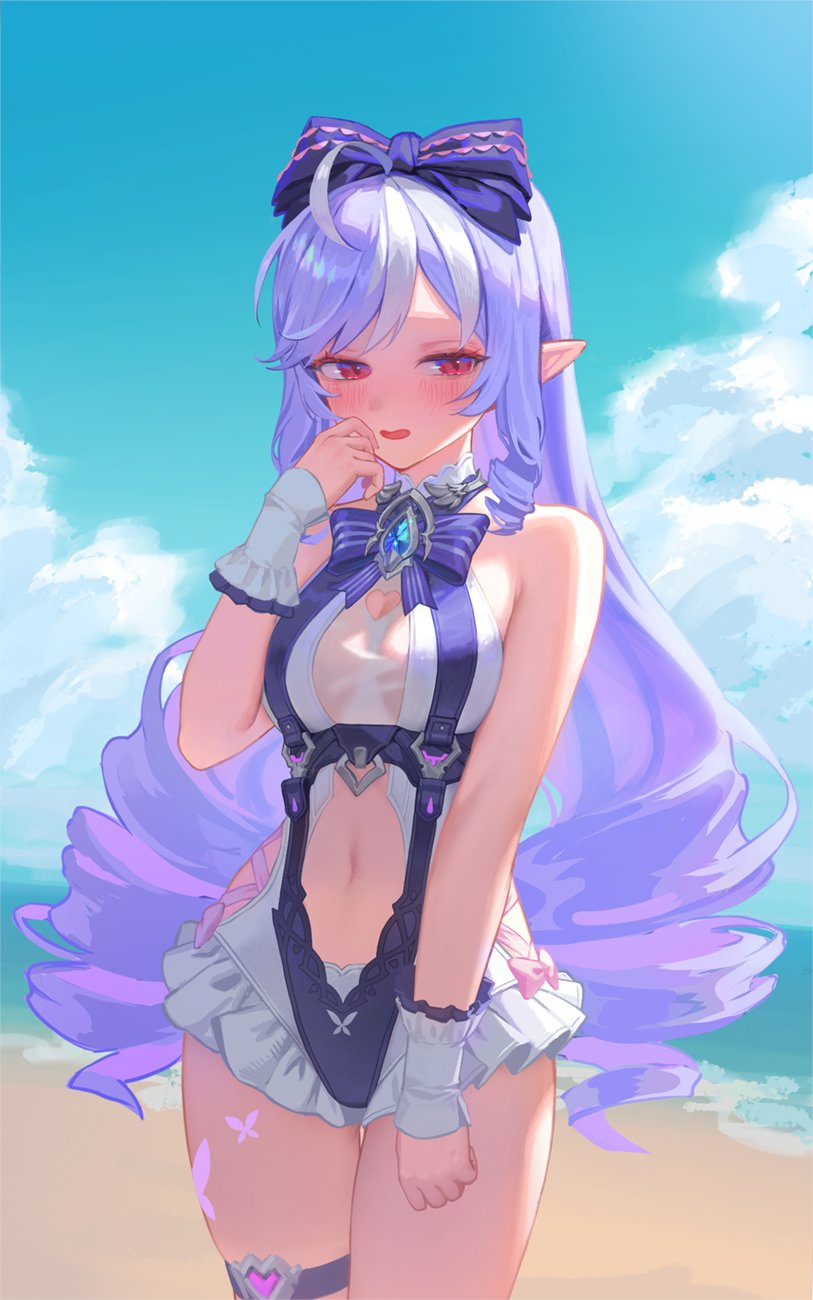 vivian banshee, vivian banshee (iris of the shore), zenless zone zero, commentary request, highres, 1girl, animal print, bare shoulders, beach, black bow, blue gemstone, blue sky, blush, bow, bowtie, breasts, butterfly print, clothing cutout, cloud, drill hair, facing viewer, frilled one-piece swimsuit, frilled wrist cuffs, frills, gem, hair bow, hand on own face, heart cutout, hoho (hohouxu), long hair, looking to the side, mole, mole under eye, navel, ocean, official alternate costume, one-piece swimsuit, open mouth, outdoors, pink bow, pointy ears, purple bow, purple bowtie, purple hair, red eyes, sand, see-through clothes, sideboob cutout, sky, solo, standing, stomach, stomach cutout, swimsuit, thigh strap, two-tone one-piece swimsuit, water, wrist cuffs