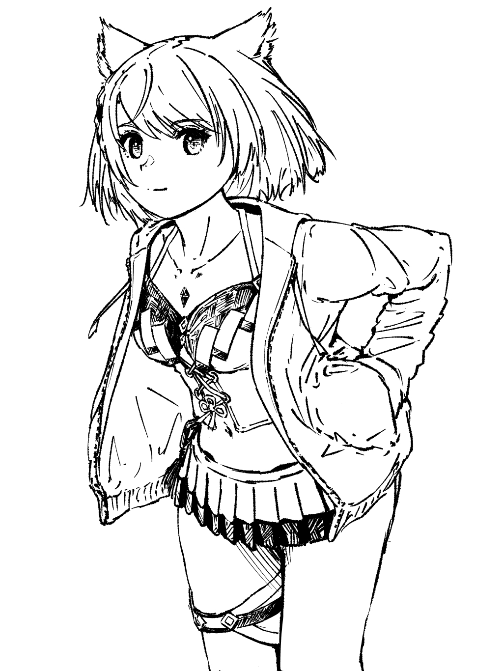 chin bell, mio (xenoblade), xenoblade chronicles (series), xenoblade chronicles 3, commentary request, highres, 1girl, animal ear fluff, animal ears, breasts, cat ears, cat girl, closed mouth, collarbone, greyscale, hand in pocket, jacket, light smile, looking at viewer, medium breasts, miniskirt, monochrome, navel, official alternate costume, open clothes, open jacket, pleated skirt, simple background, skirt, solo, standing, swimsuit, white background