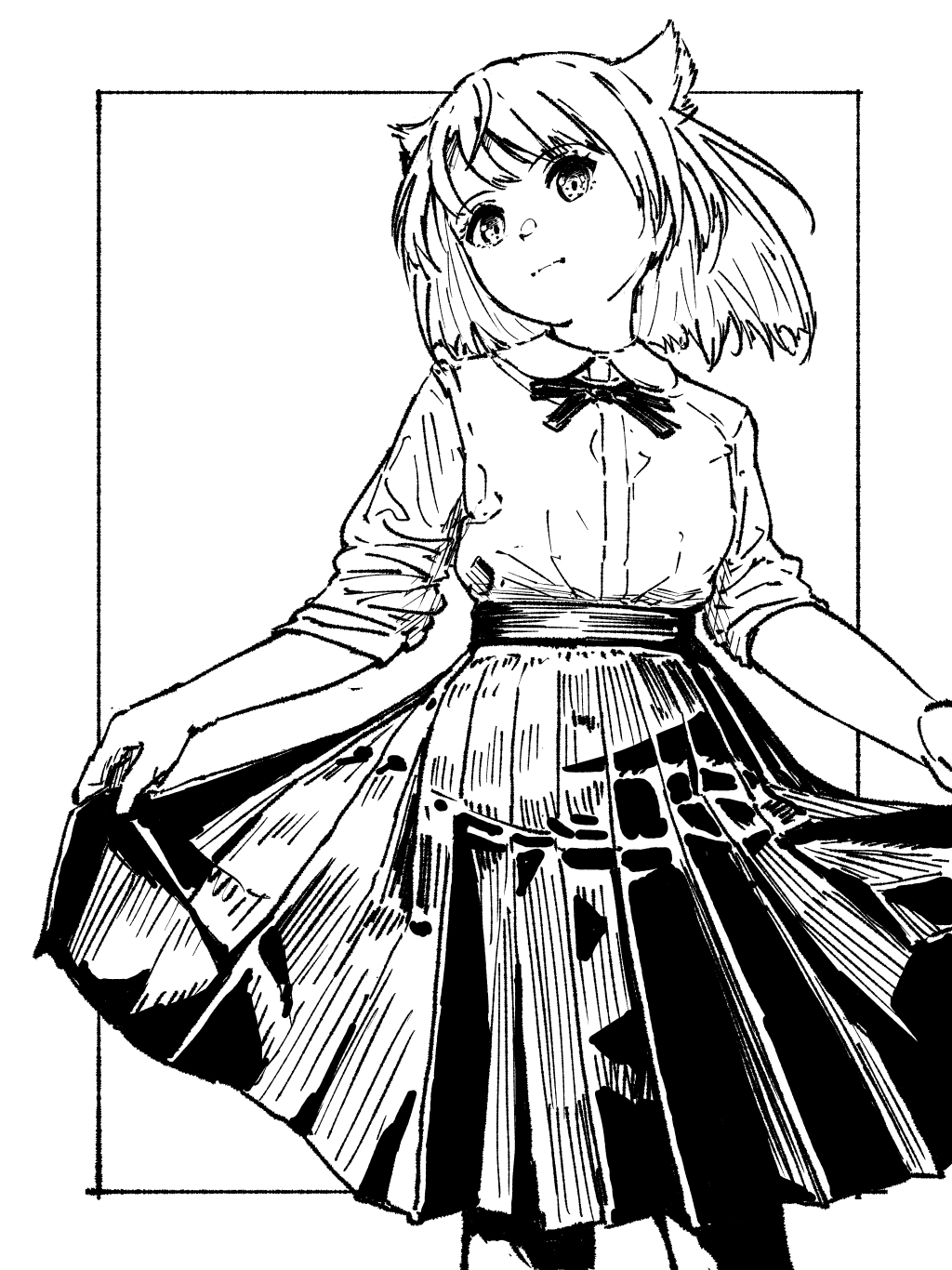 chin bell, mio (xenoblade), xenoblade chronicles (series), xenoblade chronicles 3, commentary request, highres, 1girl, alternate costume, animal ear fluff, animal ears, cat ears, cat girl, closed mouth, clothes lift, collared shirt, greyscale, inset border, looking at viewer, monochrome, outside border, pleated skirt, shirt, simple background, skirt, skirt lift, solo, standing, white background