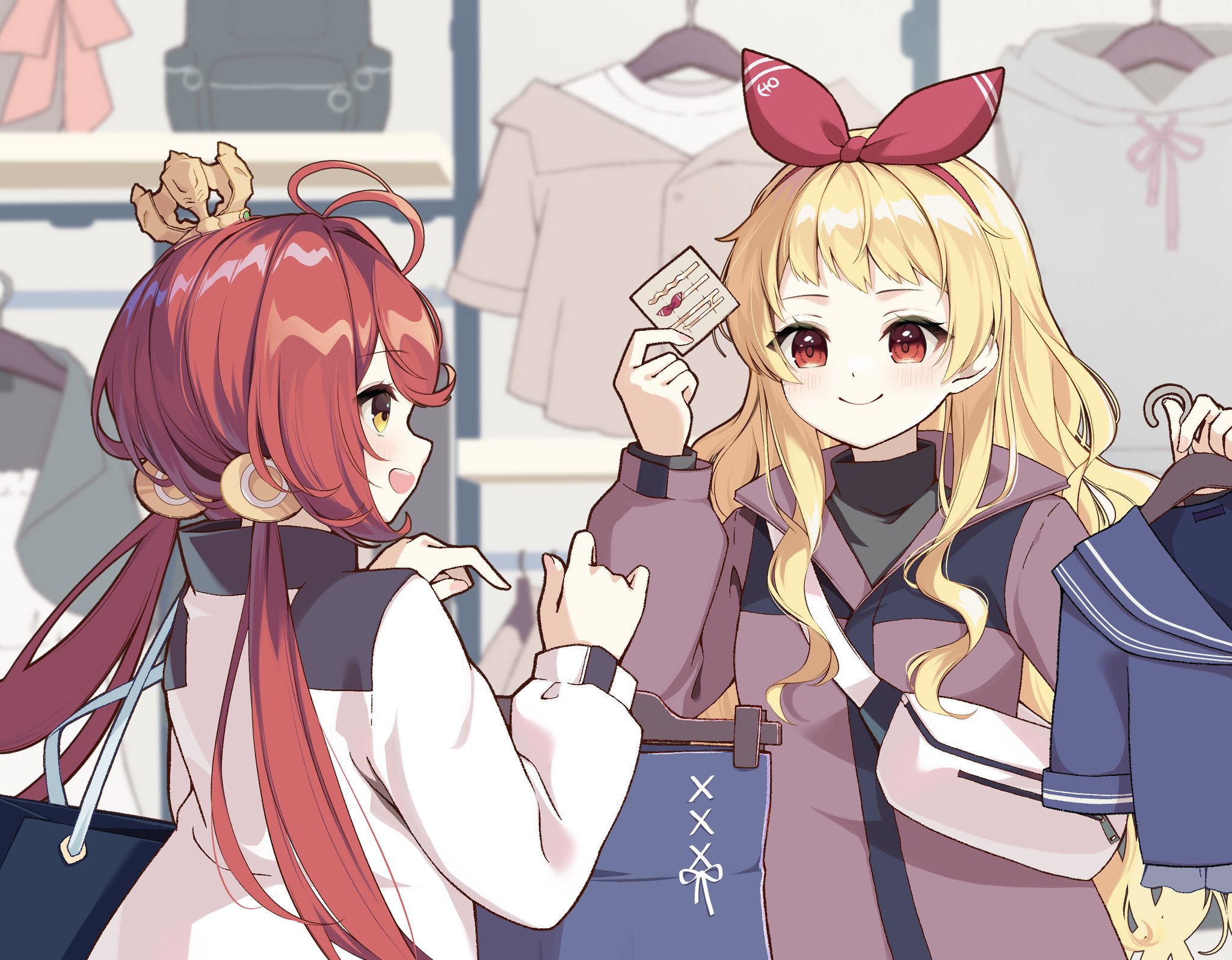aisu (i ce pinon pino), jenkins (azur lane), jersey (azur lane), azur lane, chinese commentary, commentary, commission, highres, skeb commission, 2girls, alternate costume, antenna hair, bag, black sweater, blonde hair, blue bag, blue cardigan, blue dress, blush, bow, breasts, cardigan, casual, closed mouth, clothes hanger, clothes rack, clothes shop, crown, dress, fanny pack, fingernails, hair bow, hair ornament, hair ribbon, hand up, handbag, holding, holding clothes hanger, holding hairpin, hood, hoodie, jacket, long hair, long sleeves, low twintails, mini crown, multiple girls, open mouth, pink jacket, red eyes, red hair, red ribbon, ribbon, shelf, shopping, sidelocks, small breasts, smile, sweater, teeth, turtleneck, turtleneck sweater, twintails, upper body, upper teeth only, wavy hair, white bag, white jacket, yellow eyes