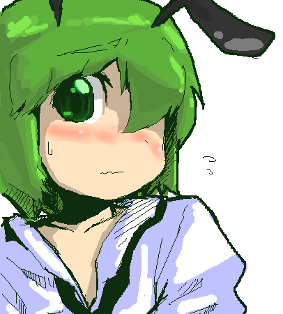 spacezin, wriggle nightbug, touhou, bad id, bad pixiv id, lowres, 1girl, antennae, blush, female focus, green eyes, green hair, hair over one eye, matching hair/eyes, short hair, simple background, solo, upper body, white background