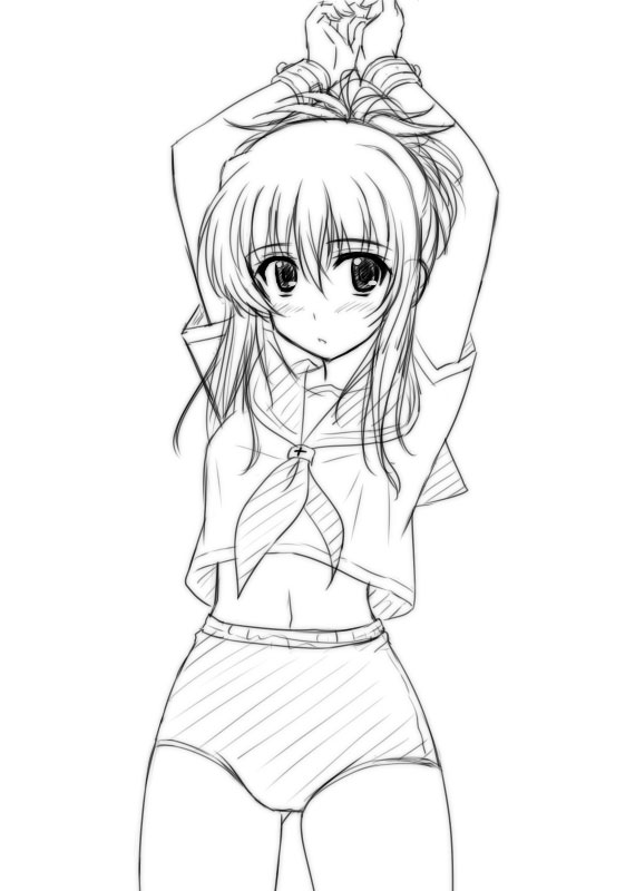 masakichi (crossroad), chikage (sister princess), sister princess, traditional media, 00s, 1girl, arms up, bdsm, bondage, bound, buruma, cuffs, female focus, greyscale, midriff, monochrome, school uniform, serafuku, shackles, solo