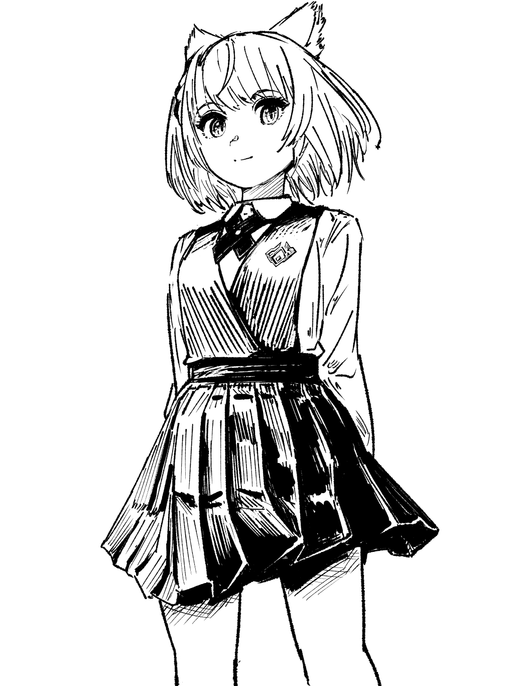 chin bell, mio (xenoblade), xenoblade chronicles (series), xenoblade chronicles 3, commentary request, highres, 1girl, alternate costume, animal ear fluff, animal ears, arms behind back, cat ears, cat girl, closed mouth, greyscale, looking at viewer, monochrome, pleated skirt, shirt, simple background, skirt, smile, solo, standing, white background