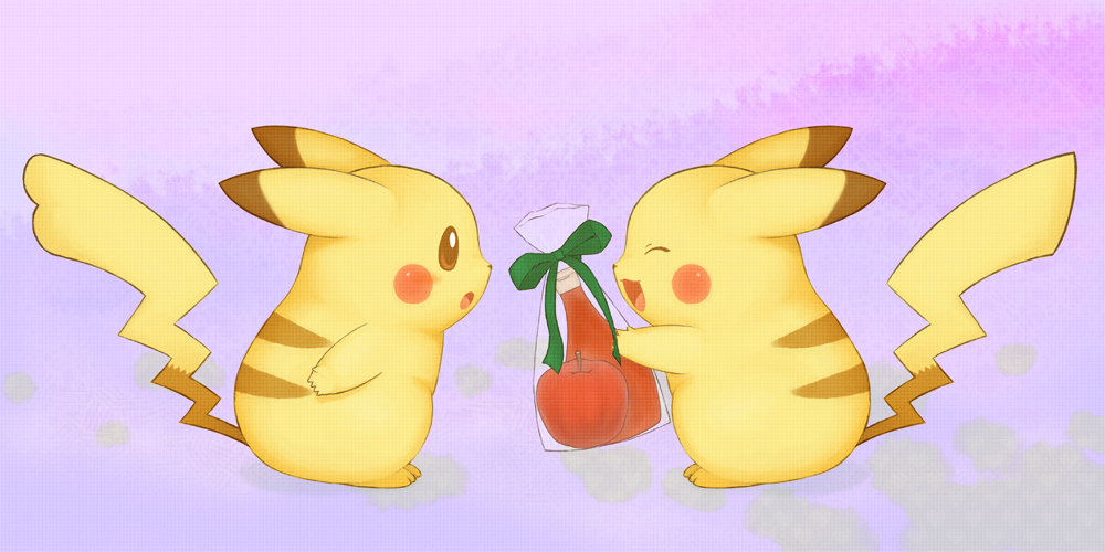 tsuji, pikachu, nintendo, pokemon, pokemon (anime), pokemon (classic anime), pokemon ep042, apple, blush, couple, food, fruit, gen 1 pokemon, gift, happy, hetero, holding, holding gift, ketchup, no humans, pokemon (creature), pokemon focus, purple background, sexual dimorphism, smile, tail