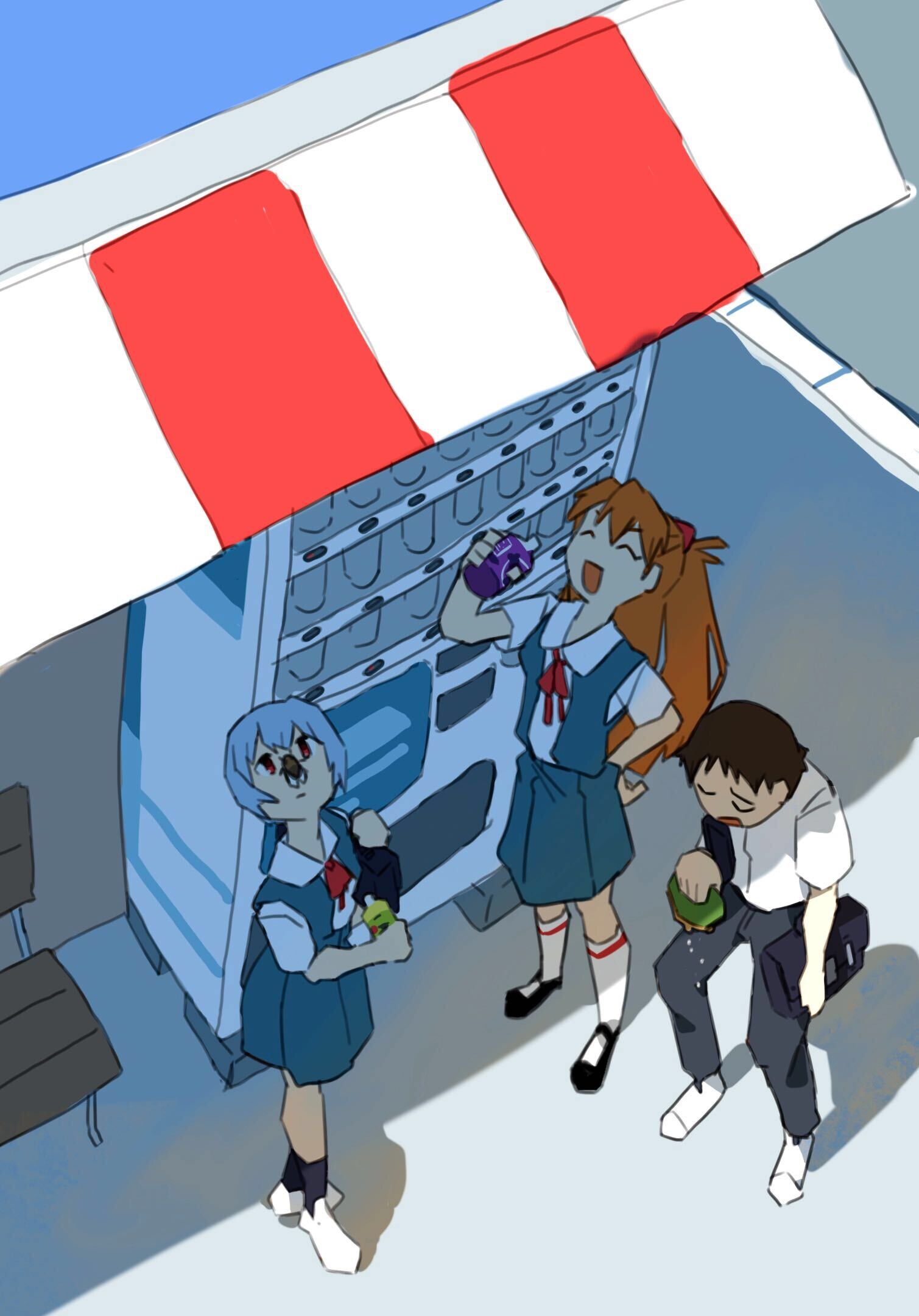 mugi tamago, ayanami rei, ikari shinji, souryuu asuka langley, neon genesis evangelion, commentary request, highres, 1boy, 2girls, black pants, black shoes, black socks, blue skirt, blue vest, brown hair, bug, cicada, closed eyes, closed mouth, coin purse, collared shirt, expressionless, full body, insect, kita high school uniform, multiple girls, open mouth, orange hair, pants, red eyes, school uniform, shirt, shoes, short hair, skirt, smile, socks, standing, twintails, vending machine, vest, white shirt, white shoes, white socks
