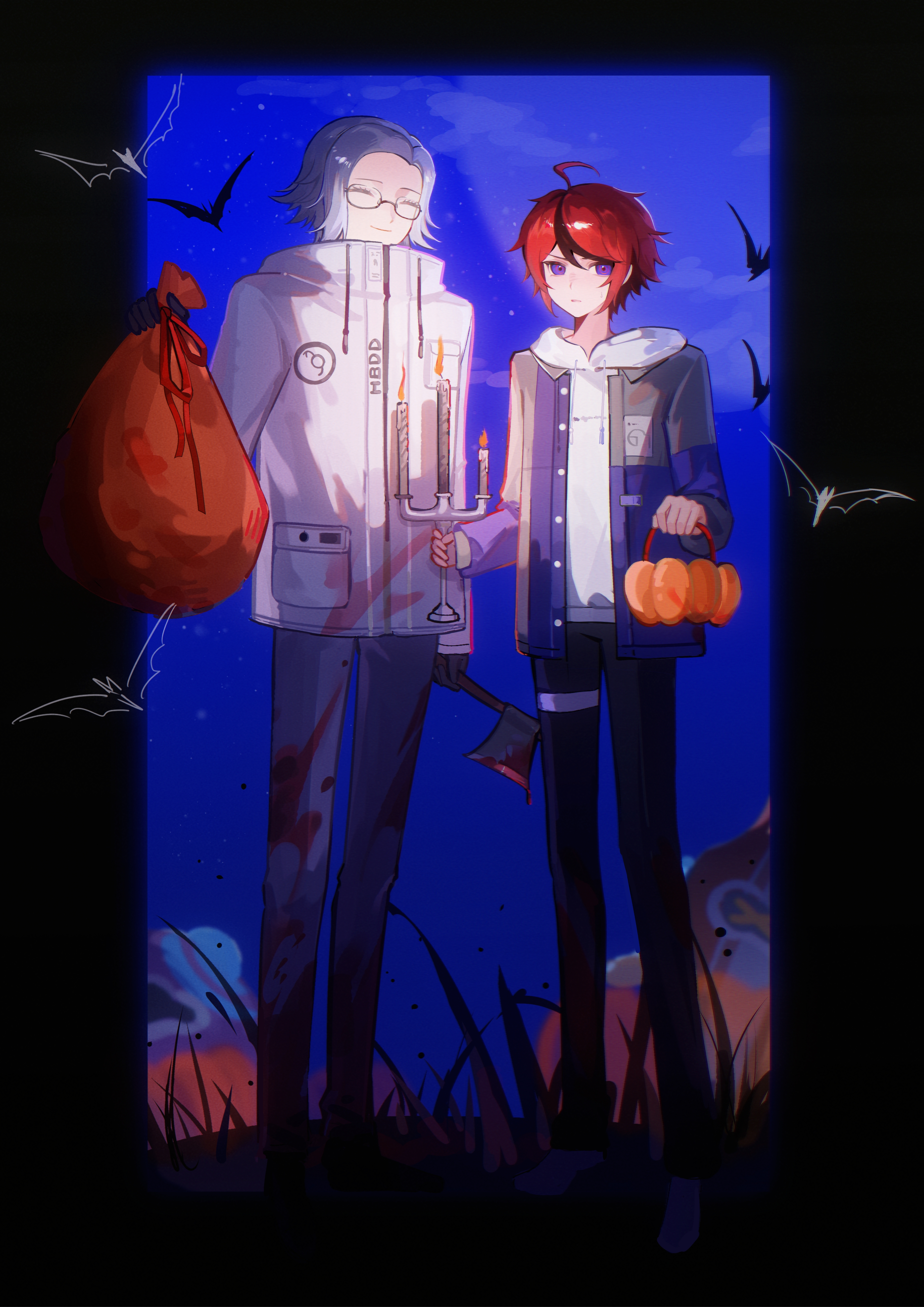aotsuki eito, sumino takumi, the hundred line -last defense academy-, absurdres, chinese commentary, commentary request, highres, 2boys, 4421014481, ahoge, axe, bat (animal), black gloves, black hair, black pants, black shoes, blood, blood on clothes, blue eyes, blue jacket, candelabra, candle, candlestand, closed eyes, closed mouth, drawstring, eyelashes, frown, full body, glasses, gloves, grey hair, grey jacket, halloween bucket, high collar, holding, holding axe, holding sack, hood, hood down, hoodie, jacket, jacket over hoodie, long sleeves, male focus, multicolored hair, multicolored jacket, multiple boys, night, open clothes, open jacket, outdoors, pants, pocket, red hair, sack, shoes, short hair, smile, streaked hair, sweat, thigh strap, two-tone hair, two-tone jacket, white hoodie, white jacket, white pants, white shoes