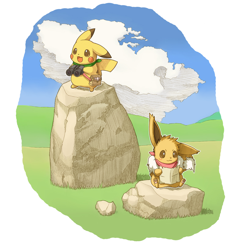 tsuji, eevee, pikachu, chunsoft, nintendo, pokemon, pokemon mystery dungeon, 00s, binoculars, clothed pokemon, cloud, day, gen 1 pokemon, no humans, pokemon (creature), rock, scarf