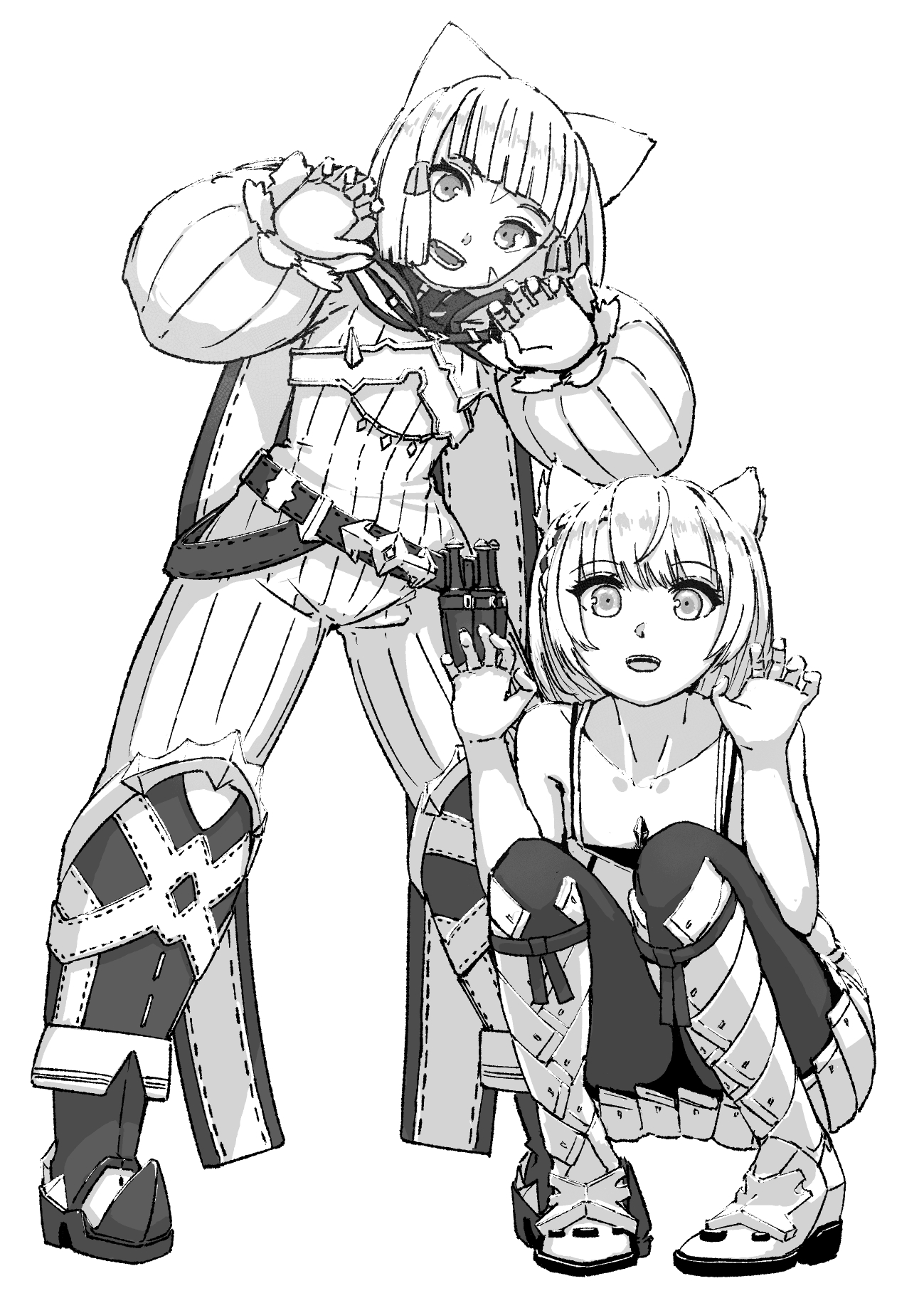 chin bell, mio (xenoblade), nia (xenoblade), xenoblade chronicles (series), xenoblade chronicles 2, xenoblade chronicles 3, commentary request, highres, 2girls, animal ears, boots, cat ears, cat girl, claw pose, collarbone, greyscale, jumpsuit, looking at viewer, monochrome, multiple girls, pantyhose, pleated skirt, simple background, skirt, smile, squatting, standing, white background