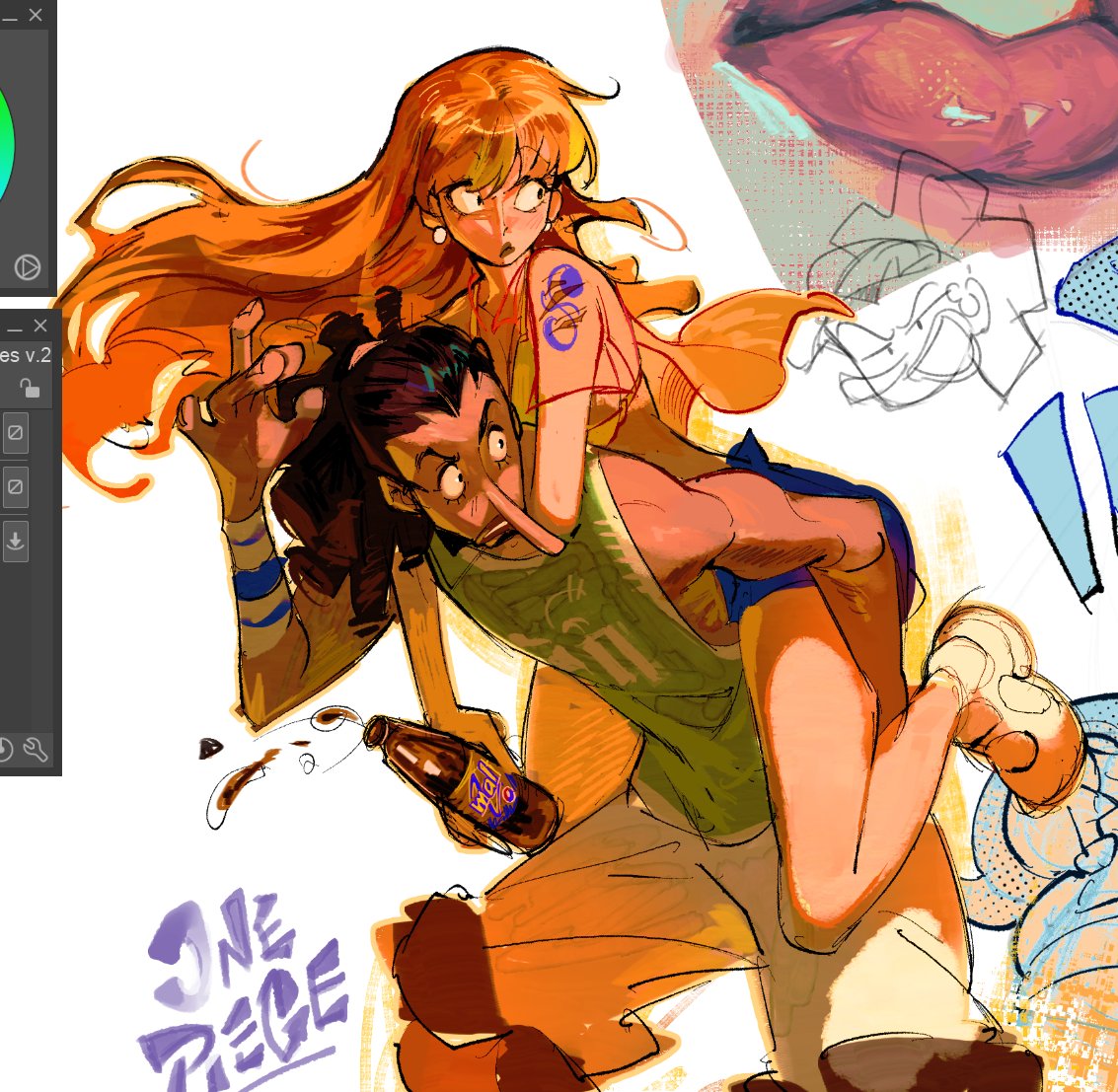alexartxvi, nami (one piece), usopp, one piece, commentary, 1boy, 1girl, arm tattoo, art program in frame, black hair, blush, bottle, carrying, copyright name, green shirt, holding, holding bottle, long hair, long nose, looking to the side, orange hair, piggyback, ponytail, shirt, shoes, sleeveless, sleeveless shirt, sneakers, tattoo