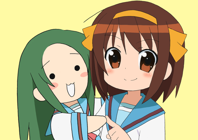 yuuya (musaishoku), churuya, suzumiya haruhi, suzumiya haruhi-chan no yuuutsu, suzumiya haruhi no yuuutsu, bad id, bad pixiv id, 00s, brown eyes, brown hair, green hair, hairband, long hair, school uniform, serafuku, short hair