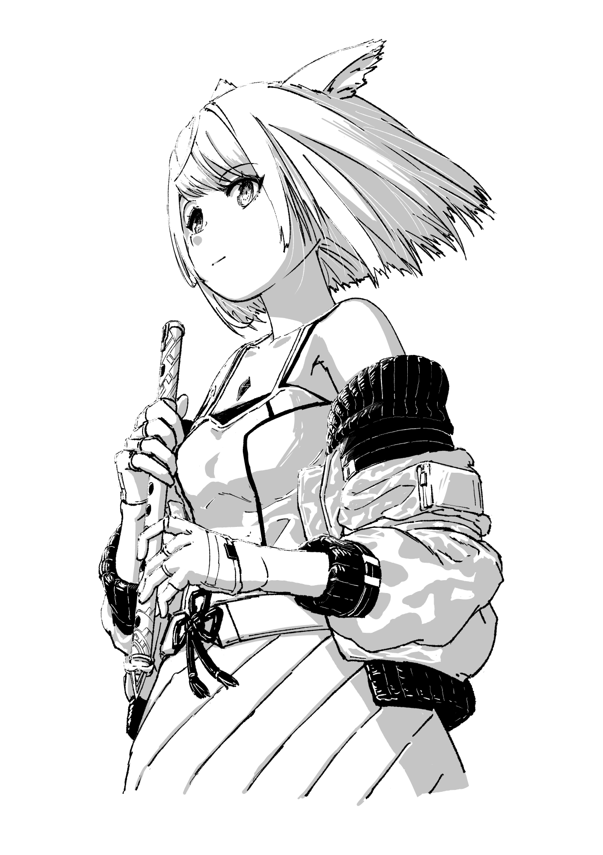chin bell, mio (xenoblade), xenoblade chronicles (series), xenoblade chronicles 3, commentary request, highres, 1girl, animal ear fluff, animal ears, cat ears, cat girl, closed mouth, flute, greyscale, holding, holding flute, holding instrument, instrument, jacket, monochrome, open clothes, open jacket, pleated skirt, simple background, skirt, solo, standing, upper body, white background