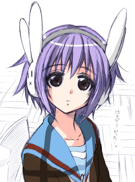 mikagami sou, nagato yuki, suzumiya haruhi-chan no yuuutsu, suzumiya haruhi no yuuutsu, 00s, 1girl, black eyes, bunny headphones, female focus, headphones, purple hair, school uniform, serafuku, short hair, solo