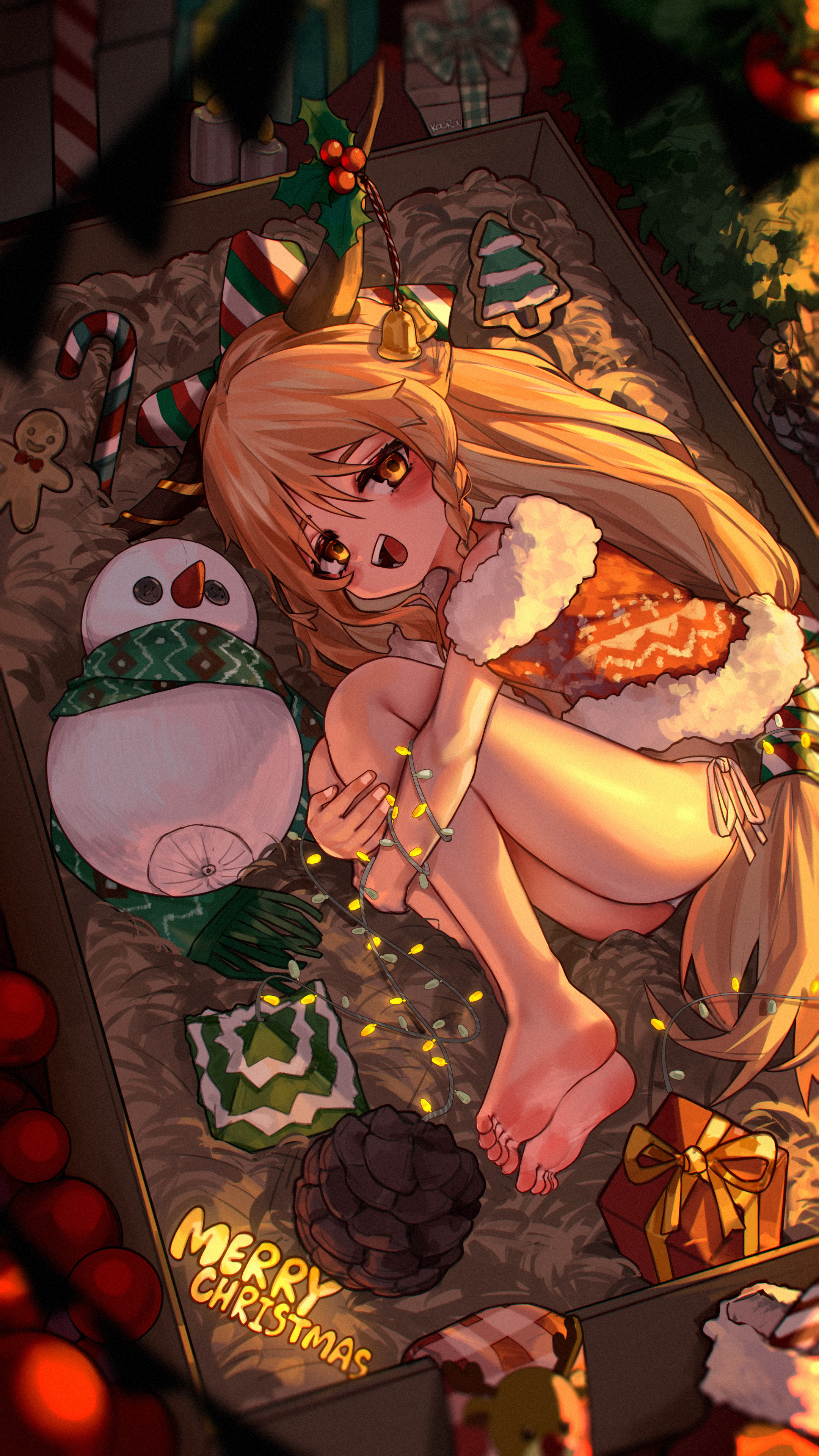 kourou (kouroukun), ibuki suika, touhou, absurdres, commentary request, highres, 1girl, :d, barefoot, bell, blonde hair, blush, box, brown horns, candy, candy cane, christmas, fetal position, food, full body, gingerbread man, holly, horns, in box, in container, long hair, looking at viewer, low-tied long hair, merry christmas, open mouth, panties, pinecone, side-tie panties, sidelocks, smile, solo, underwear, very long hair, white panties, yellow eyes
