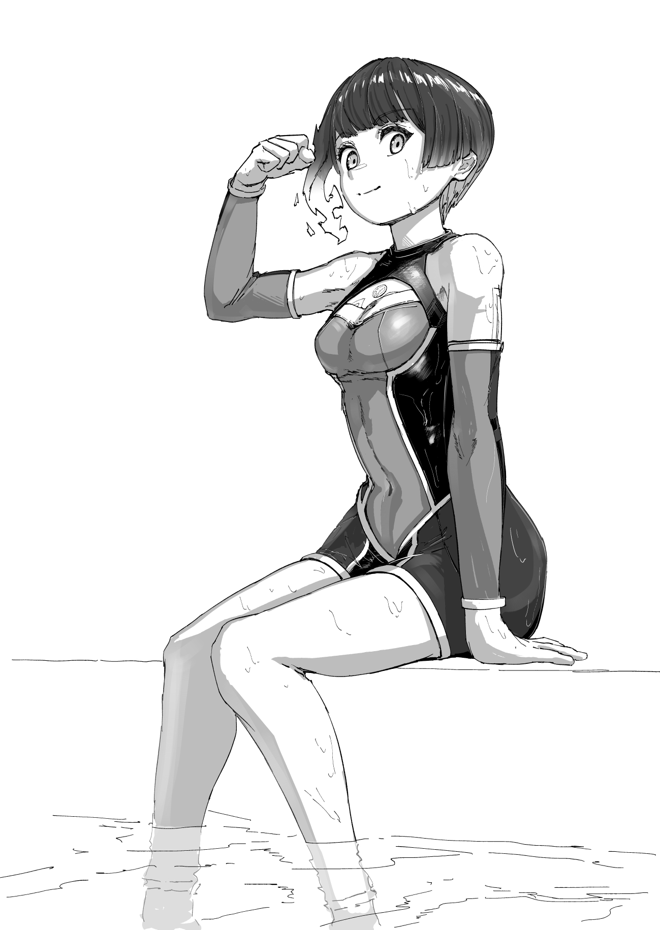 chin bell, sena (xenoblade), xenoblade chronicles (series), xenoblade chronicles 3, commentary request, highres, 1girl, breasts, closed mouth, covered navel, fiery hair, flexing, greyscale, looking at viewer, medium breasts, monochrome, official alternate costume, one-piece swimsuit, short hair, side ponytail, simple background, smile, soaking feet, solo, swimsuit, water, wet, white background