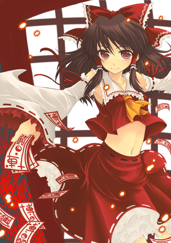 sakurai unan, hakurei reimu, touhou, bad id, bad pixiv id, 1girl, ascot, black hair, bow, detached sleeves, female focus, japanese clothes, midriff, miko, navel, ofuda, ribbon-trimmed skirt, ribbon trim, skirt, solo, yellow ascot