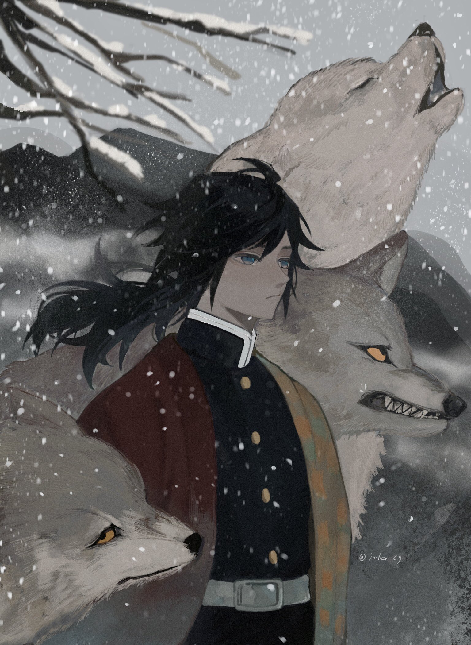 ichigosaaaan, tomioka giyuu, kimetsu no yaiba, highres, 1boy, belt, black hair, black jacket, black pants, blue eyes, buttons, closed mouth, demon slayer uniform, gold buttons, haori, high collar, howling, jacket, japanese clothes, kikkoumon, low ponytail, male focus, outdoors, pants, ponytail, print haori, red haori, snow, solo, spiked hair, upper body, white belt, wolf