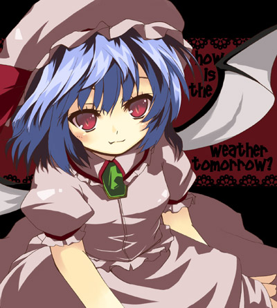 sho (aura), sho (runatic moon), remilia scarlet, touhou, eyebrows, lowres, 1girl, :3, blue hair, english text, female focus, frilled shirt collar, frills, hat, mob cap, puffy short sleeves, puffy sleeves, red eyes, shirt, short hair, short sleeves, skirt, slit pupils, smile, solo, wings