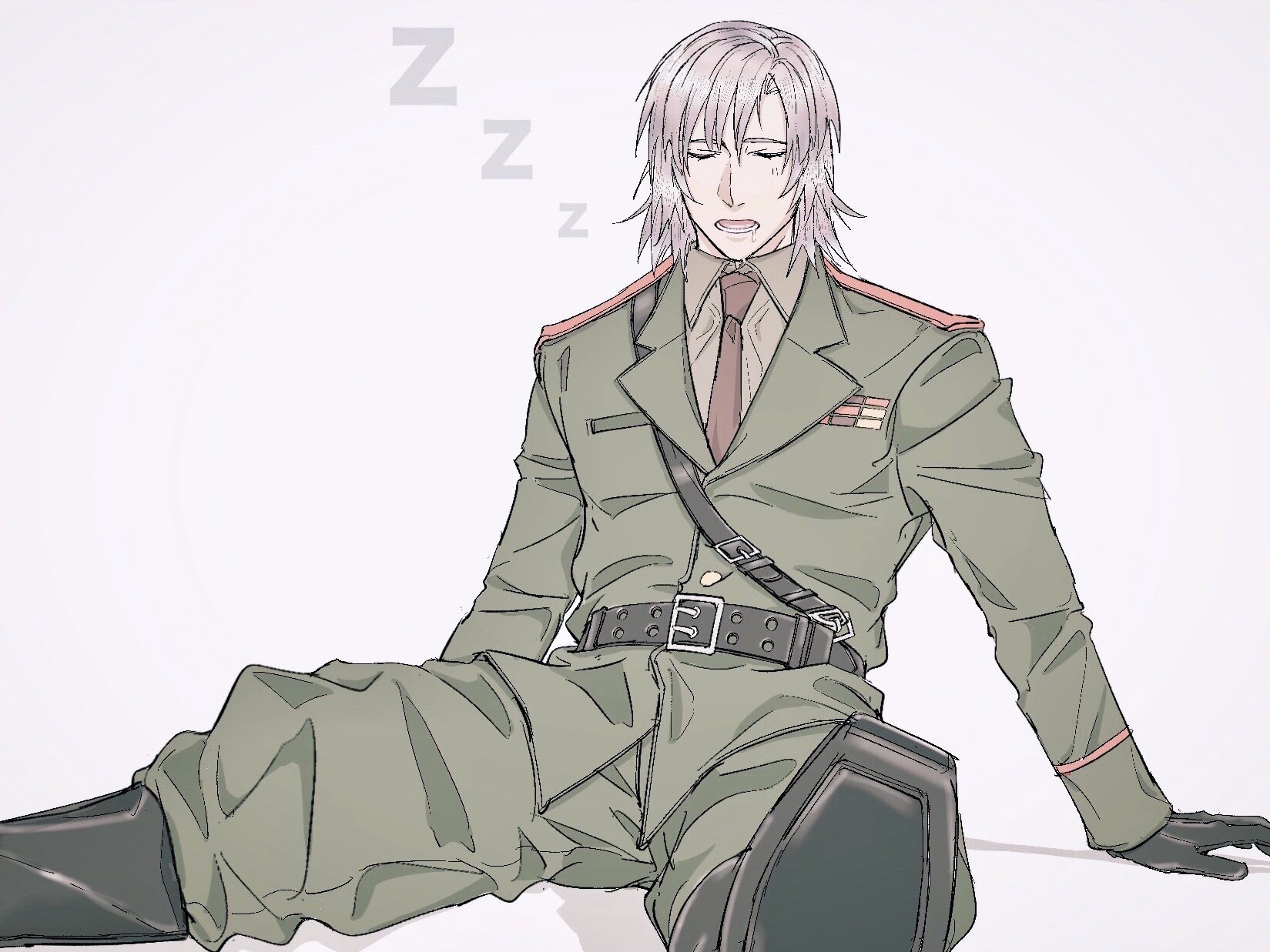 an chovy, metal gear (series), metal gear solid 3: snake eater, commentary, english commentary, highres, 1boy, baggy pants, belt, black belt, black boots, black gloves, boots, buttons, closed eyes, collared shirt, drooling, gloves, green jacket, green pants, grey hair, grey shirt, hair between eyes, ivan raidenovitch raikov, jacket, lapels, long sleeves, male focus, military jacket, military uniform, necktie, no headwear, open mouth, pants, red necktie, shadow, shirt, short hair, simple background, sitting, sleeping, solo, soviet army, spread legs, teeth, white background, zzz