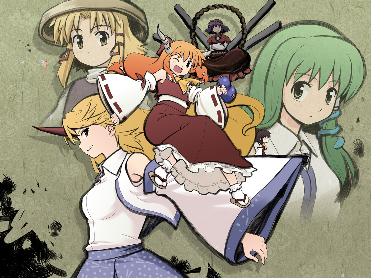 haniwa, haniwa (leaf garden), hakurei reimu, hoshiguma yuugi, ibuki suika, kochiya sanae, moriya suwako, yasaka kanako, touhou, 6+girls, blouse, cosplay, female focus, hakurei reimu (cosplay), hat, horns, kochiya sanae (cosplay), long hair, low-tied long hair, multiple girls, shirt, single horn, white shirt