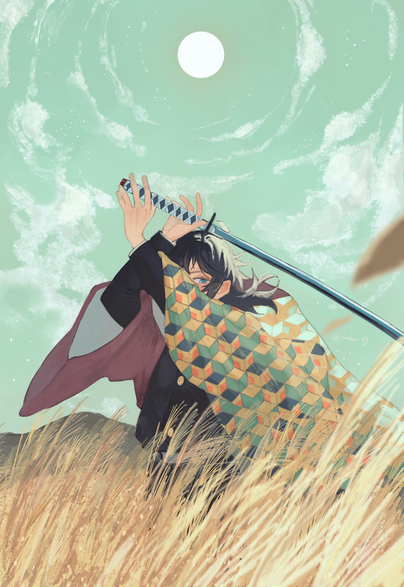 ichigosaaaan, tomioka giyuu, kimetsu no yaiba, highres, 1boy, arms up, belt, black hair, black jacket, black pants, blue eyes, buttons, demon slayer uniform, gold buttons, grass, haori, holding, holding sword, holding weapon, jacket, japanese clothes, katana, kikkoumon, low ponytail, male focus, outdoors, pants, ponytail, print haori, red haori, solo, spiked hair, sword, tall grass, weapon, white belt