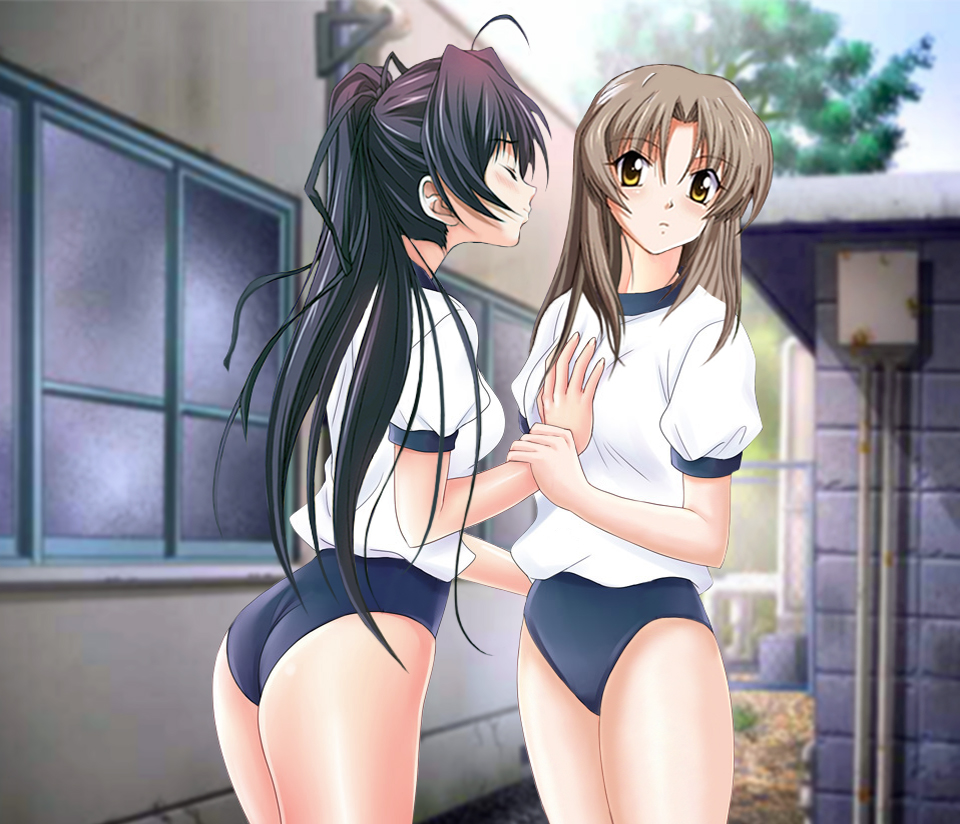 futami shion, suzuna takano, memories off, non-web source, 2girls, ahoge, ass, black hair, blush, breasts, brown eyes, brown hair, buruma, closed eyes, day, frown, grabbing another's breast, grey hair, groping, guided breast grab, guiding hand, gym uniform, hair ribbon, holding another's wrist, imminent kiss, long hair, medium breasts, multiple girls, outdoors, ponytail, ribbon, yellow eyes, yuri
